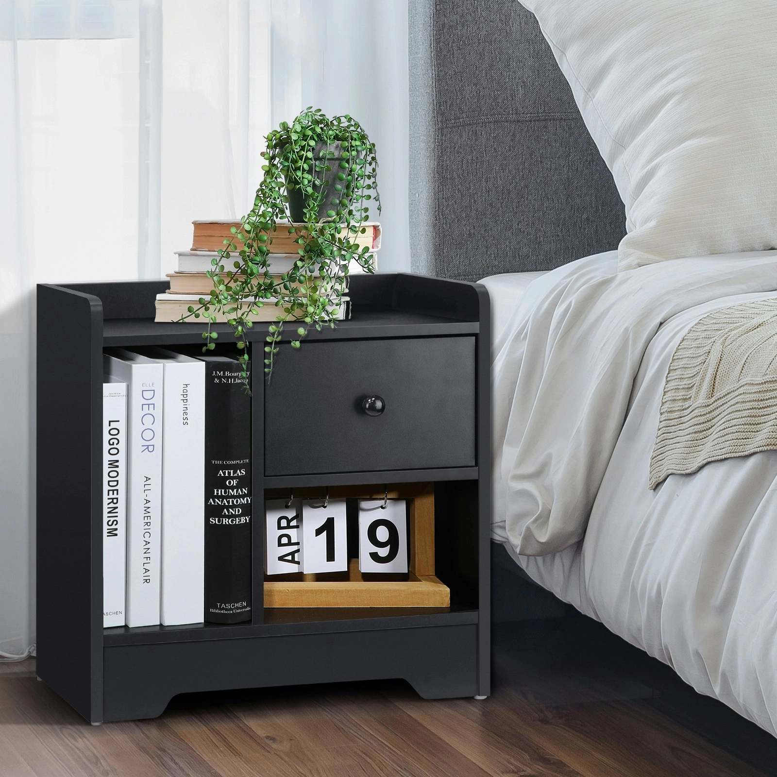 Oikiture Bedside Tables Side Table Nightstand Storage Drawer Shelf Bedroom Black