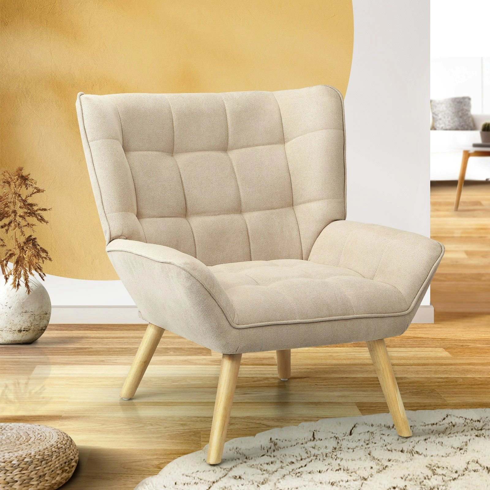 Oikiture Armchair Accent Chairs Sofa Lounge Fabric Upholstered Tub Chair Beige