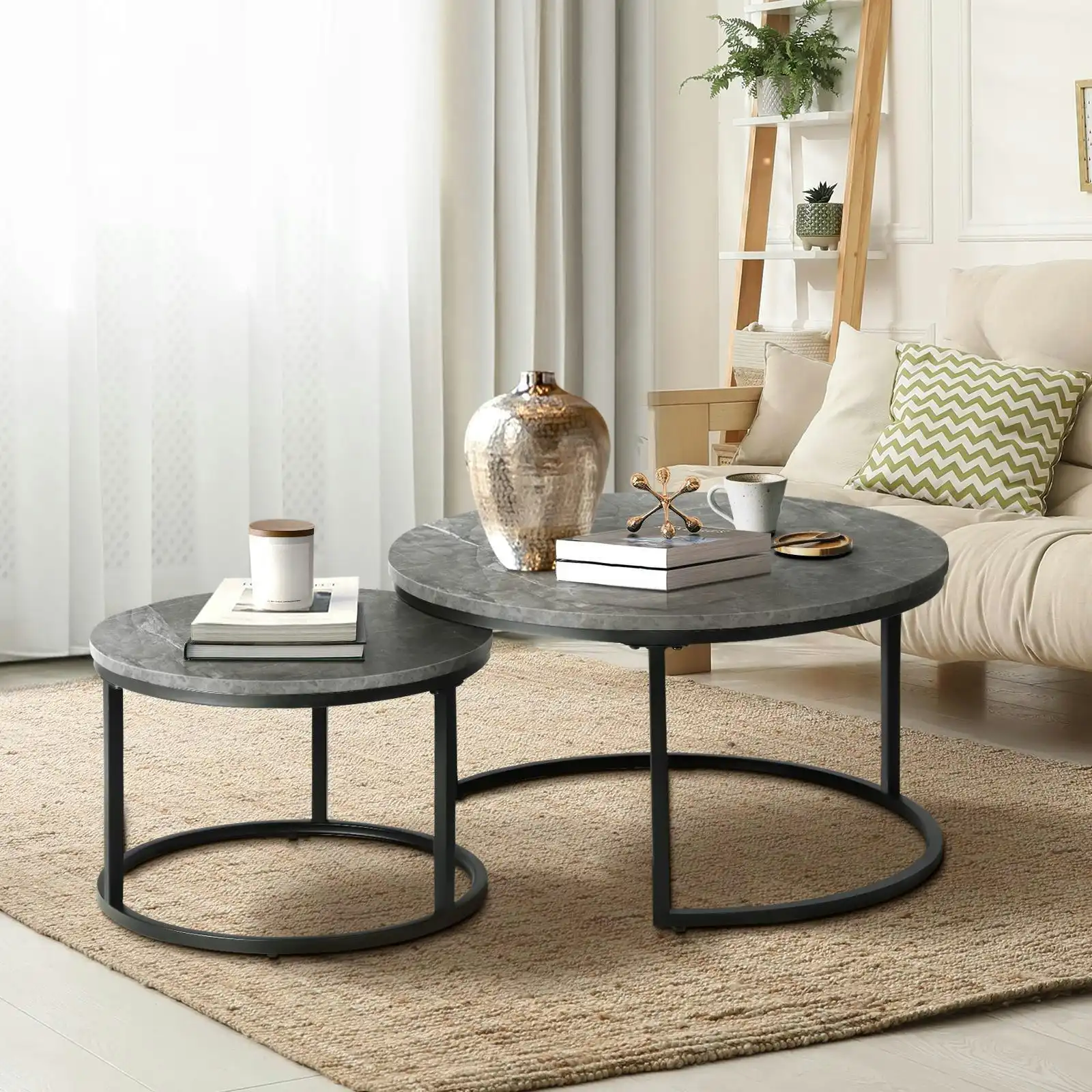 Oikiture Set of 2 Coffee Table Round Marble Nesting Side End Table Grey & Black