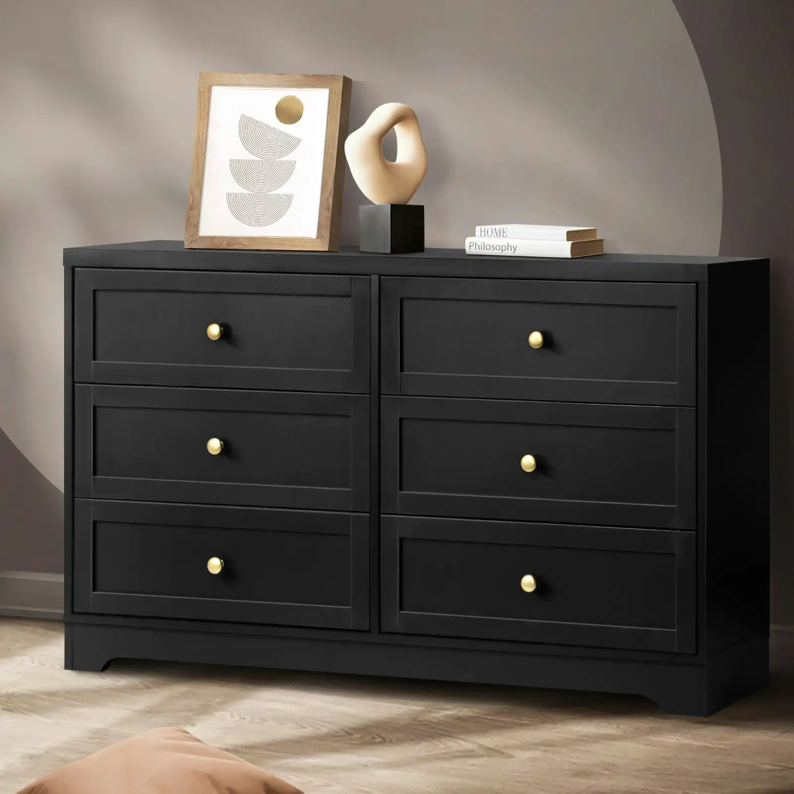 Oikiture 6 Chest of Drawers Tallboy Black Hamptons