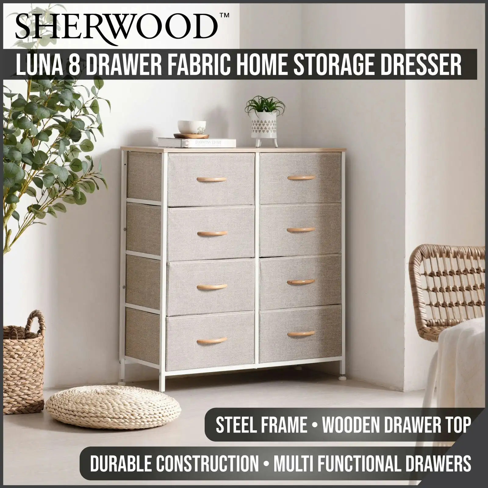 Sherwood Luna 8 Drawer Fabric Home Storage Dresser Cream (TW Exclusive)
