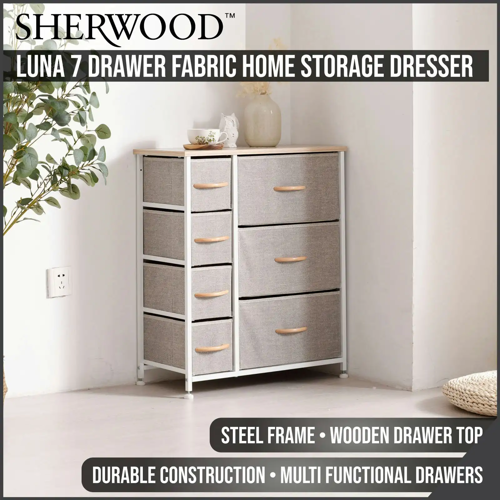 Sherwood Luna 7 Drawer Fabric Home Storage Dresser Cream (TW Exclusive)