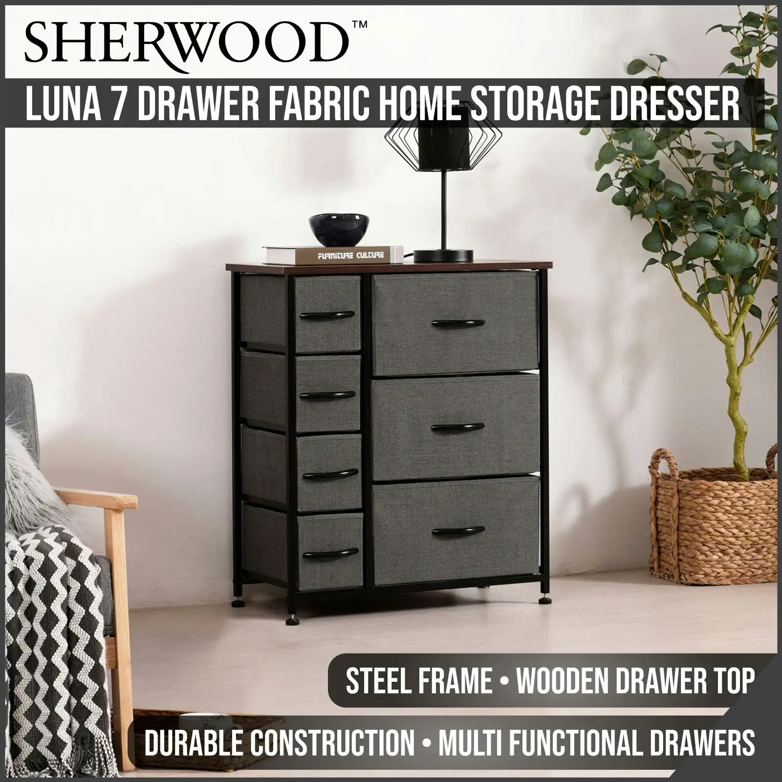 Sherwood Luna 7 Drawer Fabric Home Storage Dresser Charcoal (TW Exclusive)