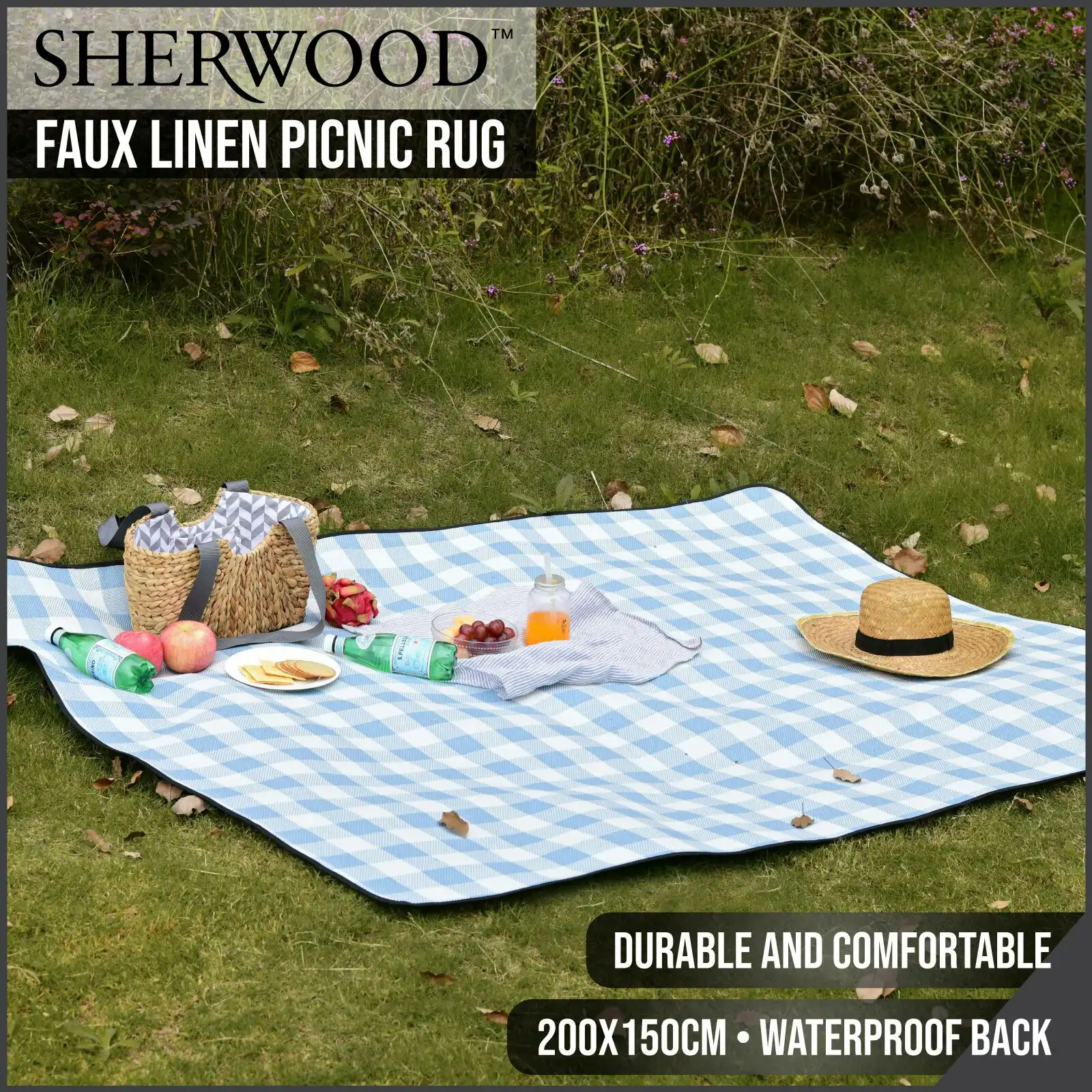 Sherwood Faux Linen Picnic Rug Blue and White Plaid 200x150cm