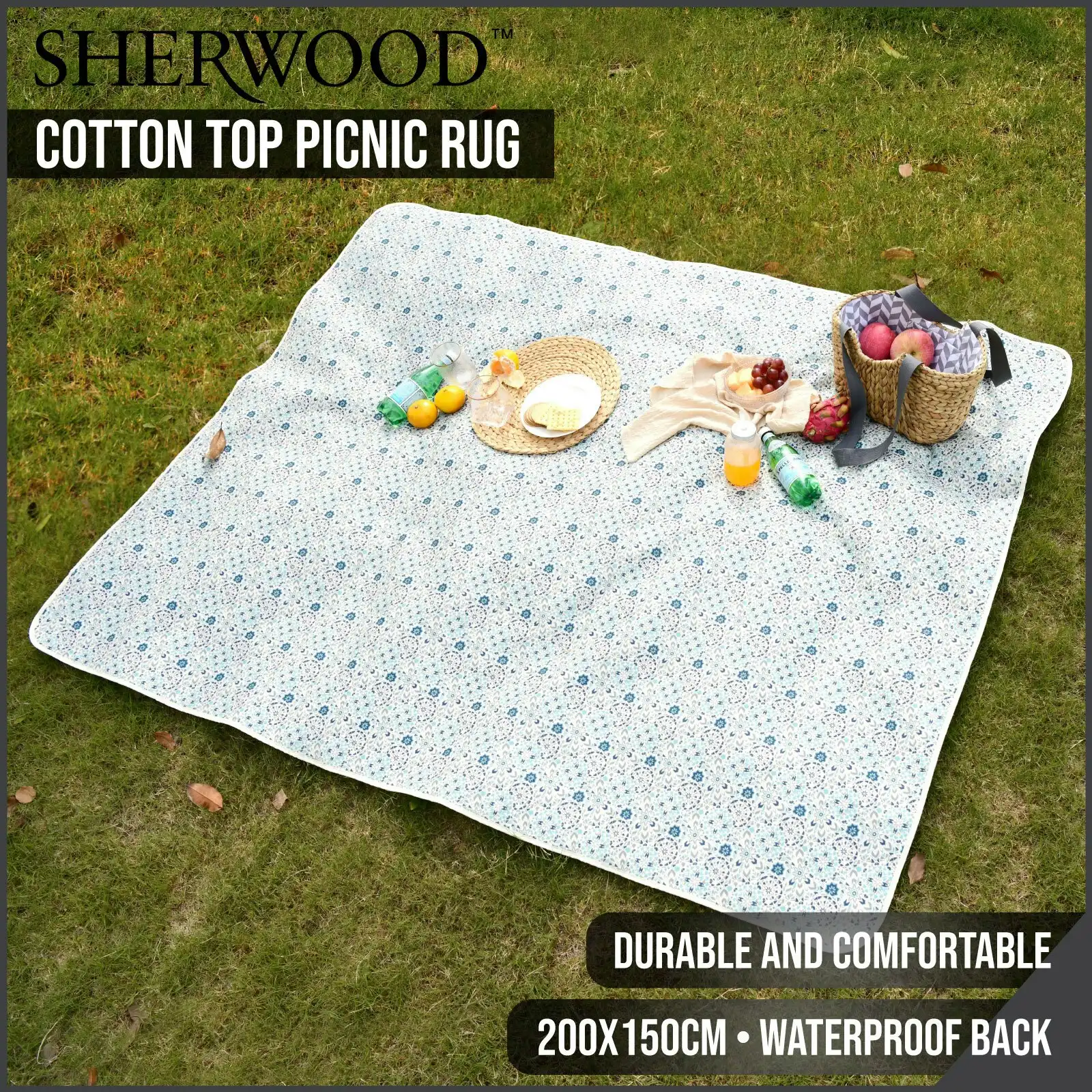 Sherwood Cotton Top Picnic Rug Blue Mosaic 200x150cm