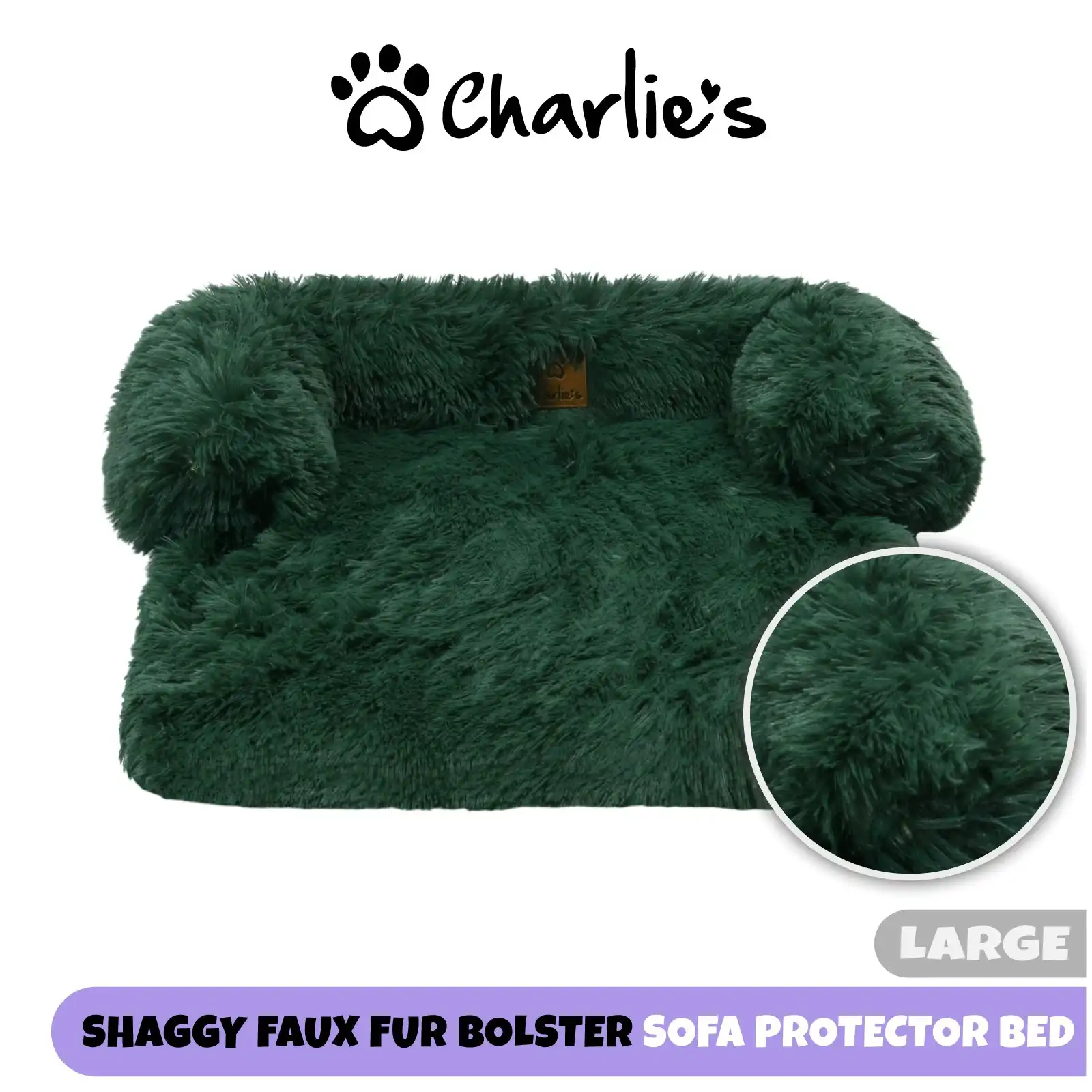 Charlie's Shaggy Faux Fur Bolster Sofa Protector Calming Dog Bed Eden Green Large