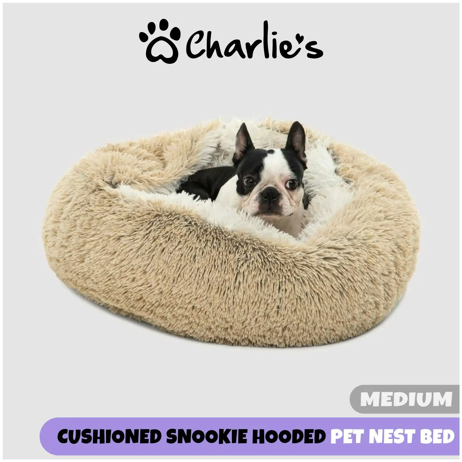 Charlie's Snookie Hooded Faux Fur Calming Dog Bed Cream Medium