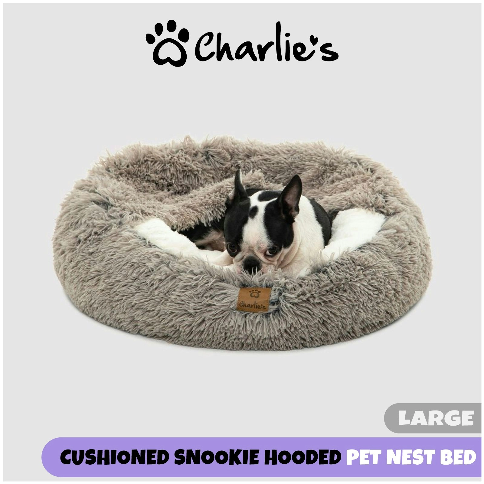 Charlie's Snookie Hooded Faux Fur Calming Dog Bed Grey Large