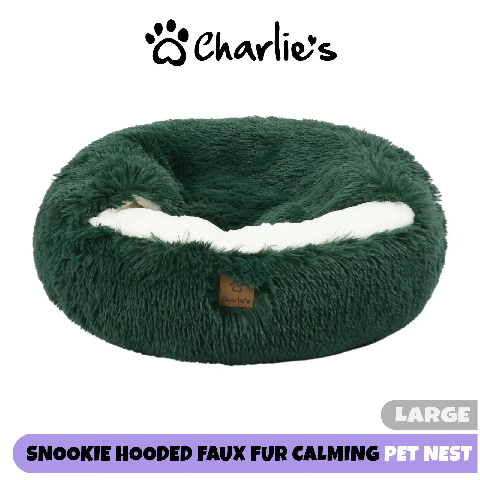 Charlie's Snookie Hooded Faux Fur Calming Dog Bed Eden Green Large