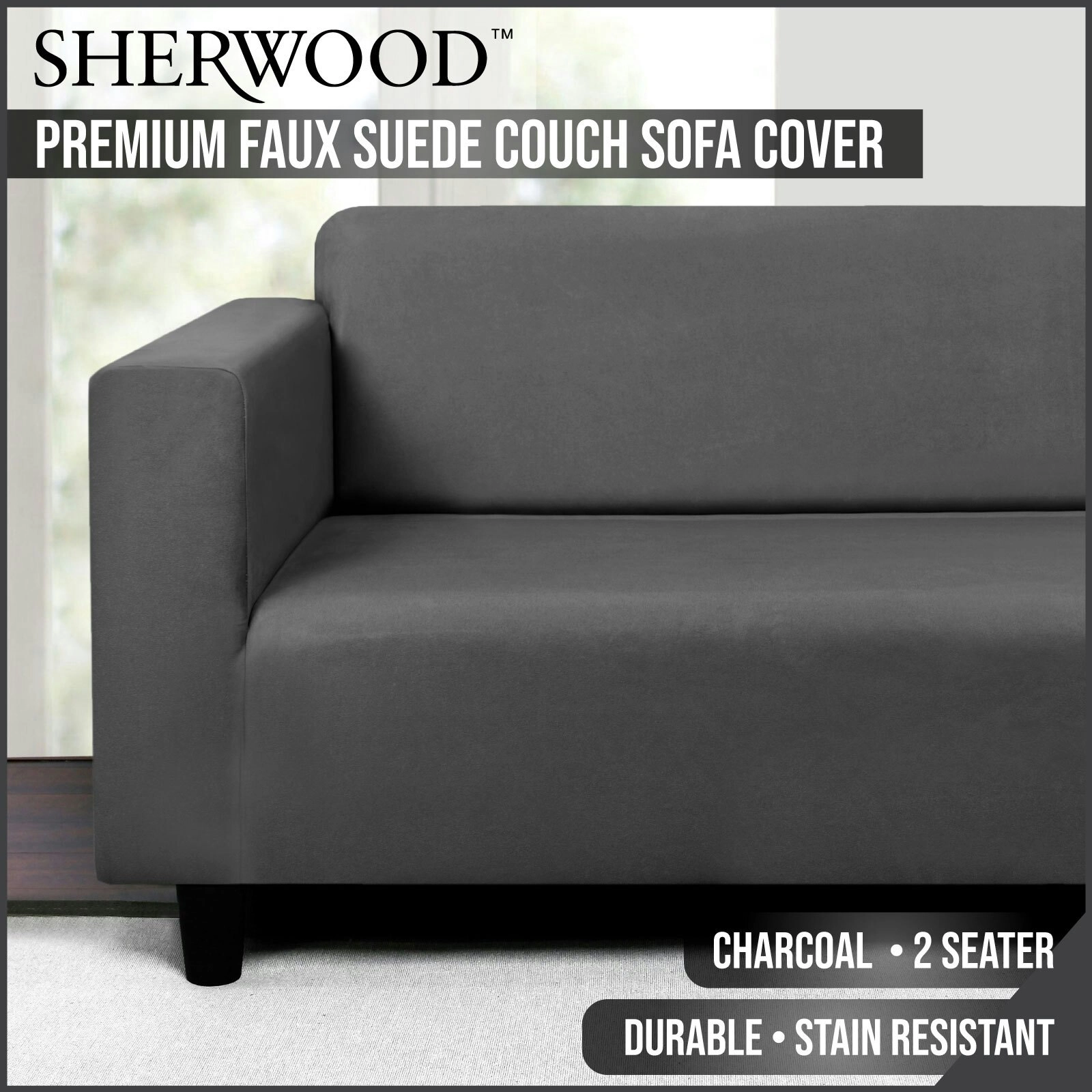 8080087 Premium Suede Sofa Cover Charcoal 2 Seater