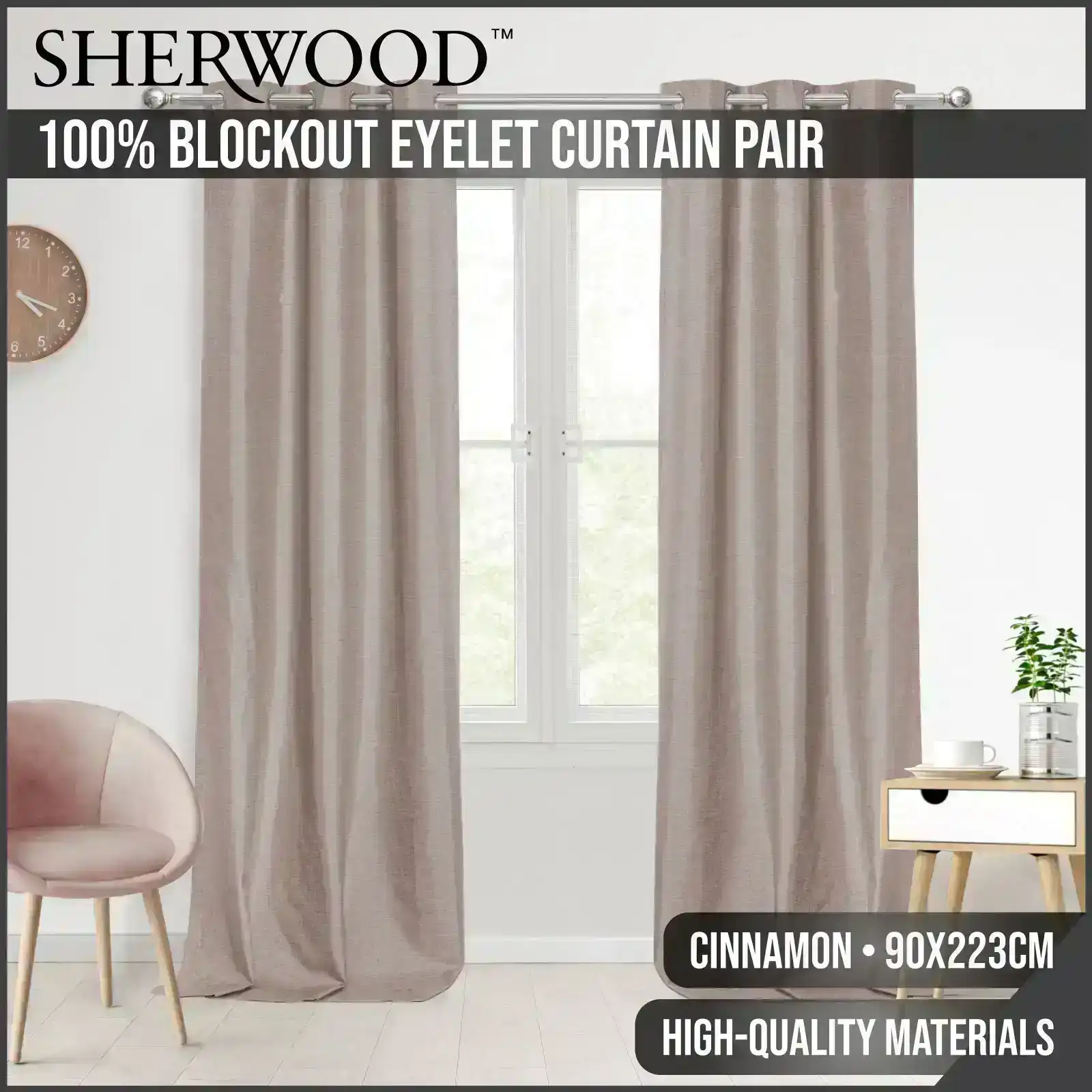 Sherwood Home 100% Blockout Eyelet Curtain Pair Cinnamon 90x223cm