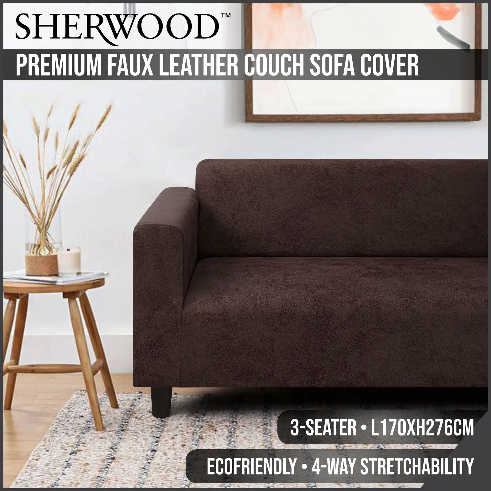 Sherwood Home Premium Faux Leather Dark Brown 3 Seater Couch Sofa Cover