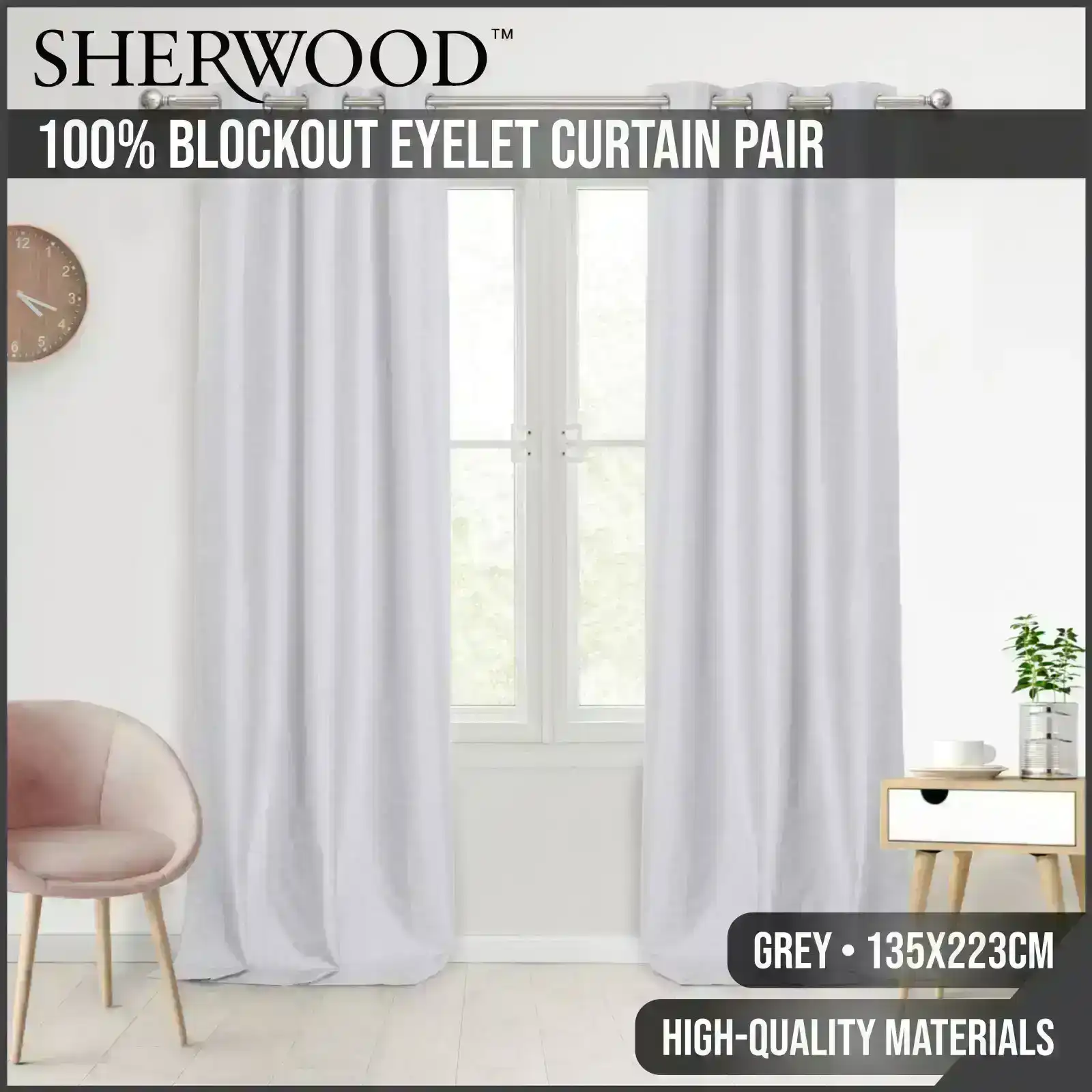 Sherwood Home 100% Blockout Eyelet Curtain Pair Grey 135x223cm