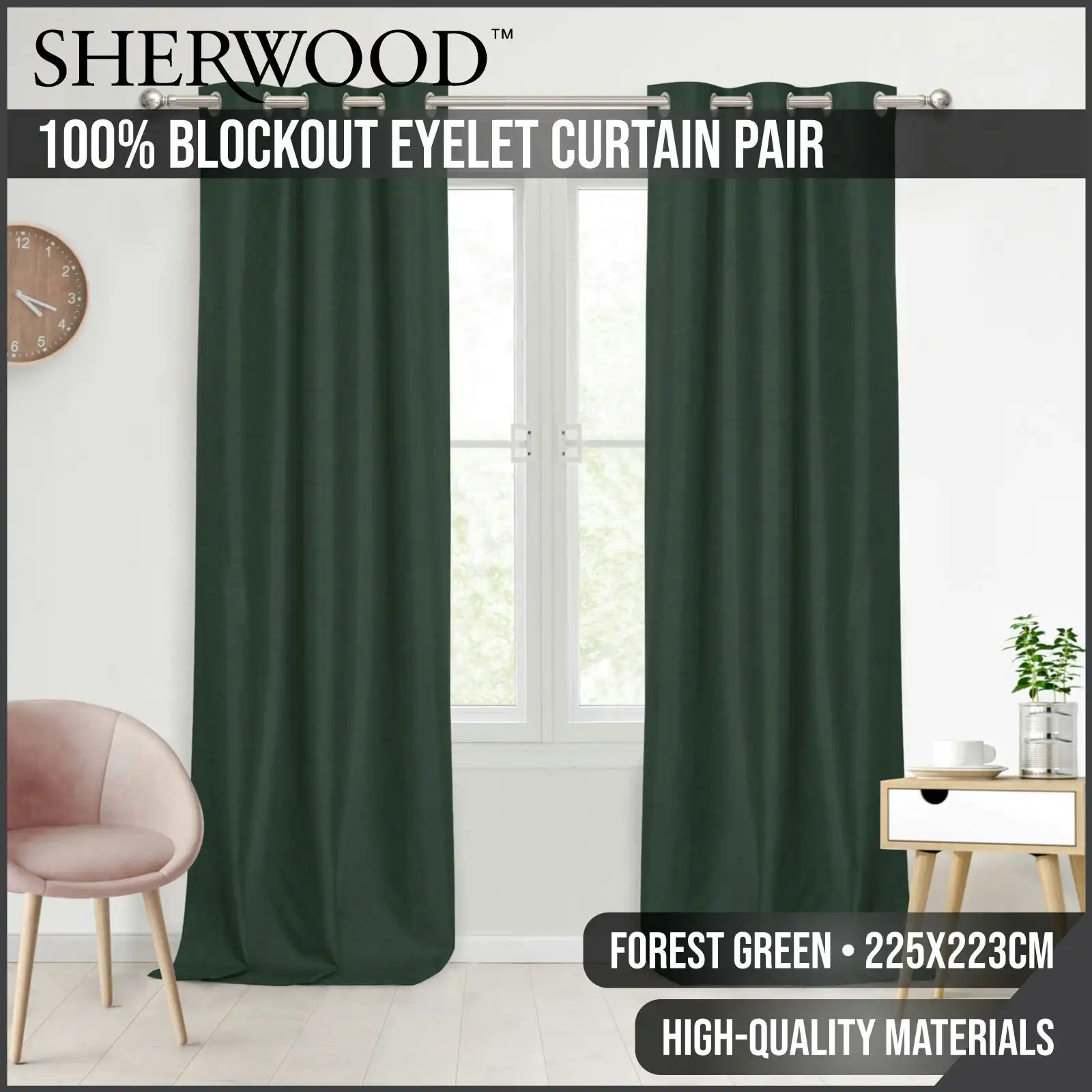 Sherwood Home 100% Blockout Eyelet Curtain Pair Forest Green 225x223cm