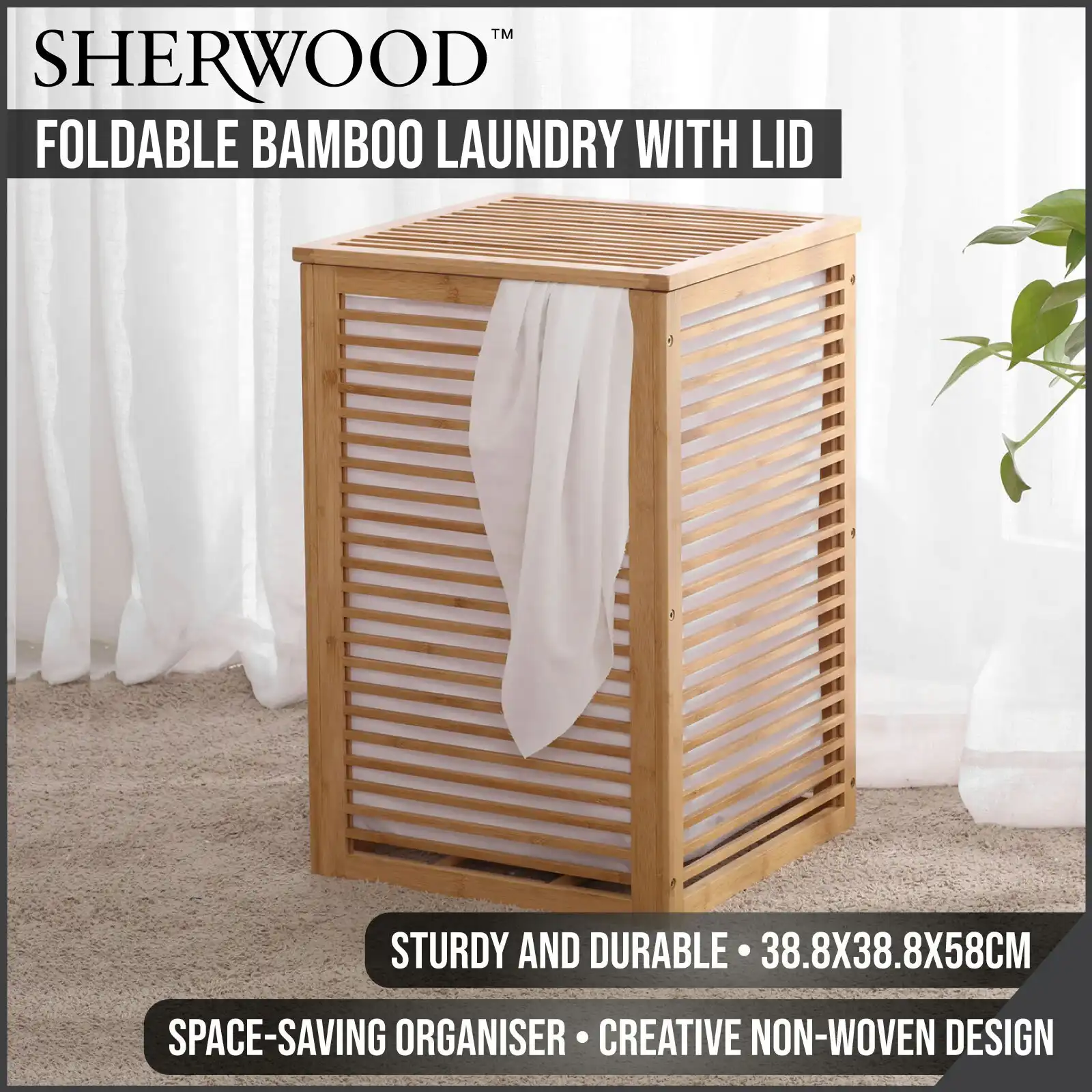 Sherwood Home Foldable Bamboo Laundry with Lid - Large - 38.8x38.8x58cm