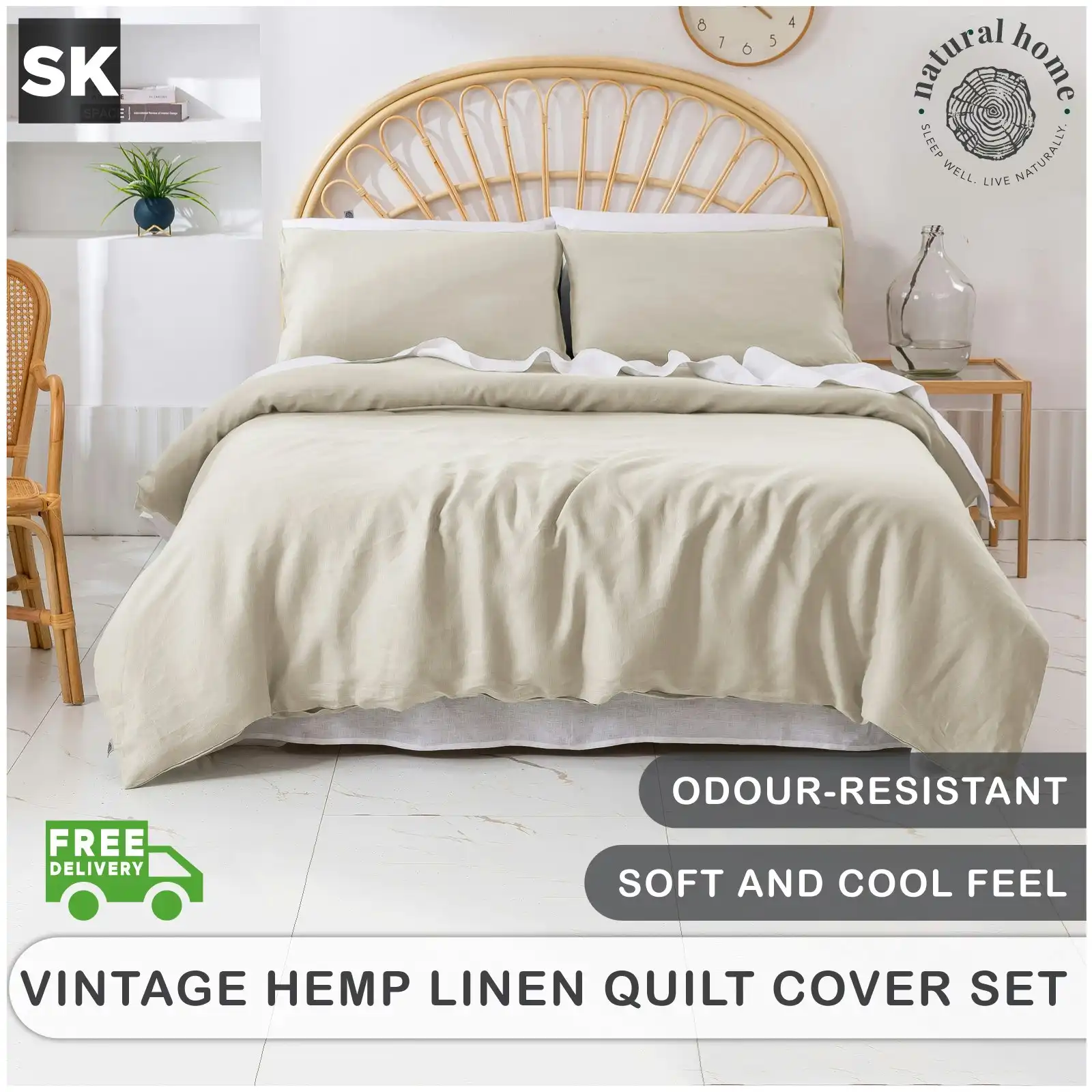 Natural Home Vintage Washed Hemp Linen Quilt Cover Set Oatmeal Super King Bed