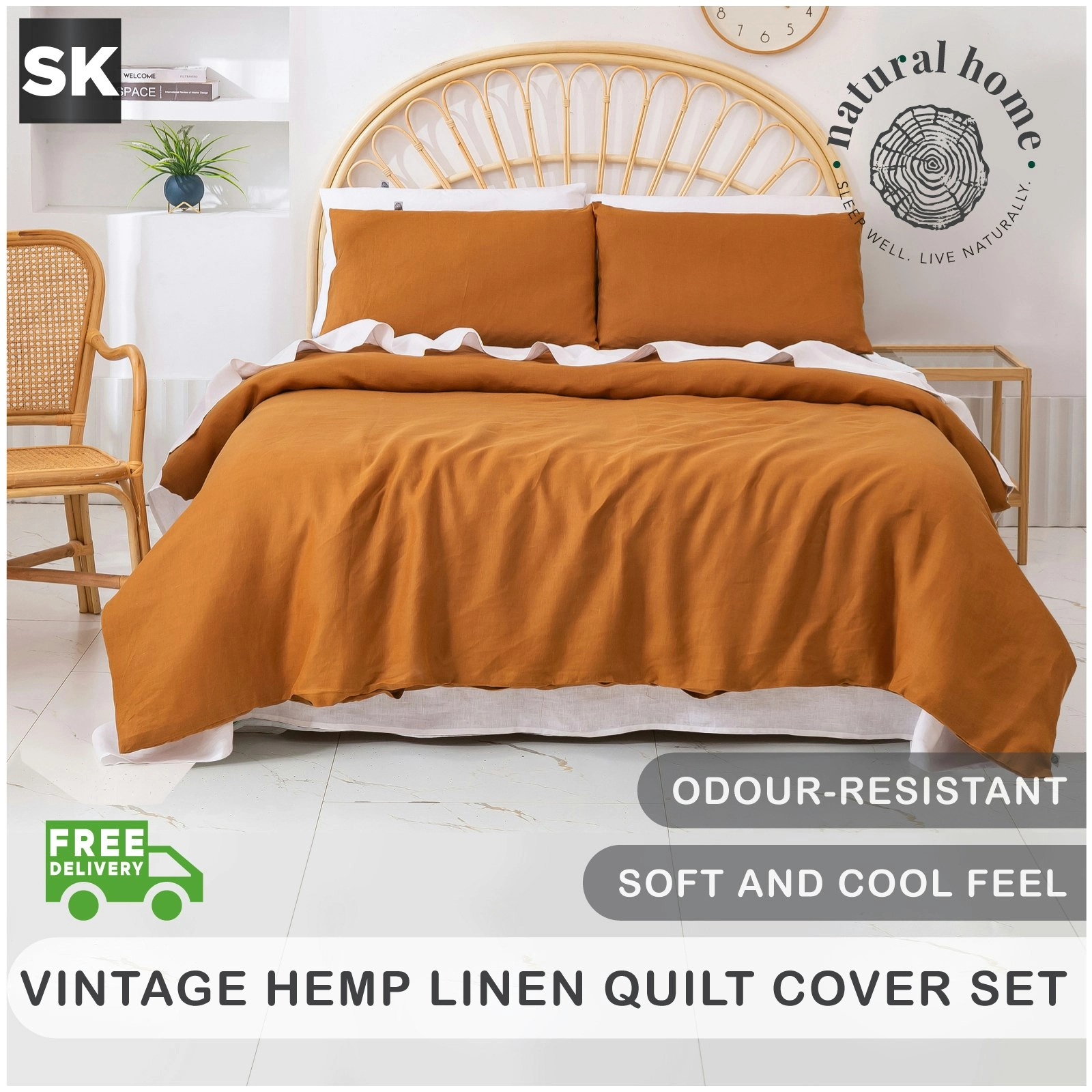 Natural Home Vintage Washed Hemp Linen Quilt Cover Set Rust Super King Bed