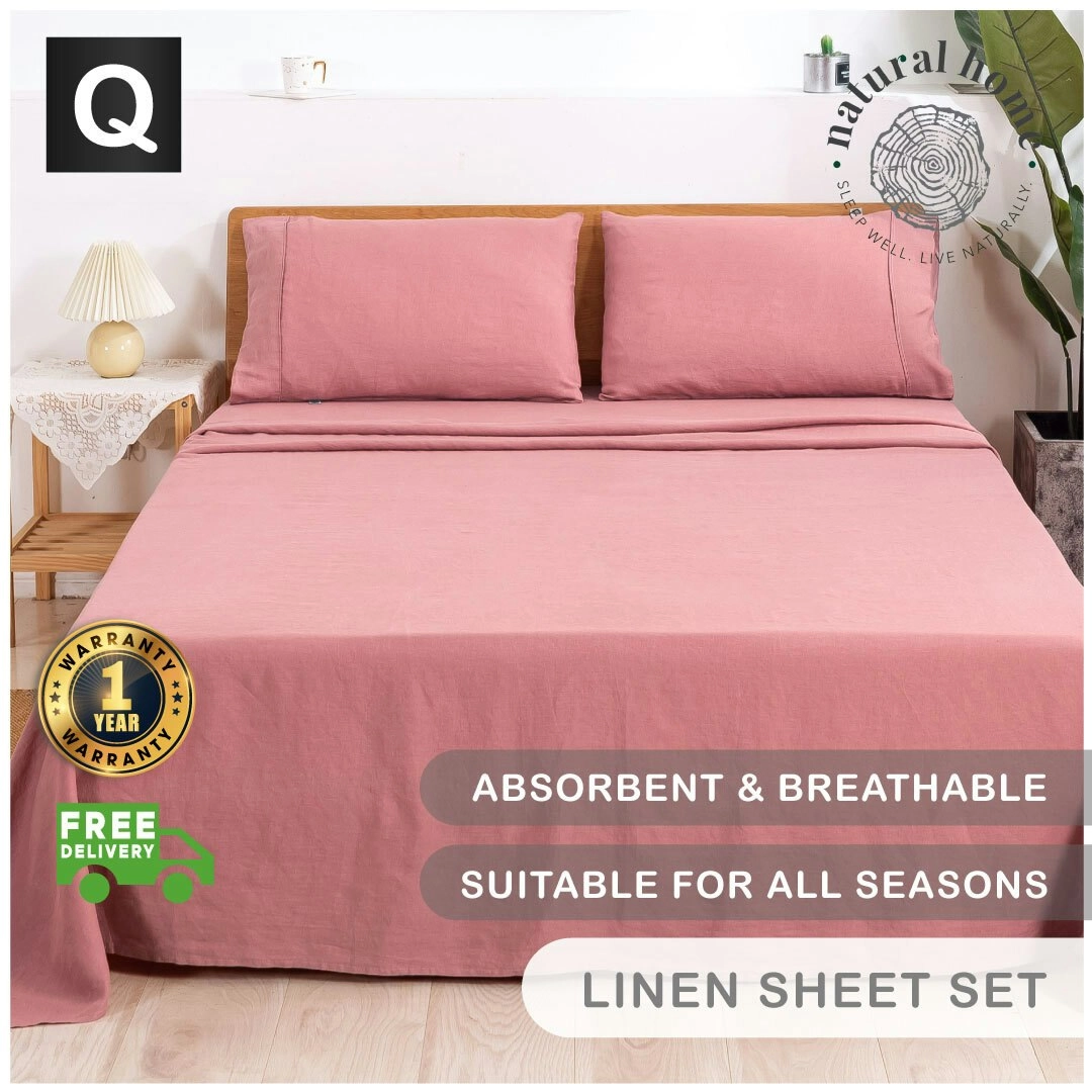 Natural Home 100% European Flax Linen Sheet Set Rose Gold Queen Bed