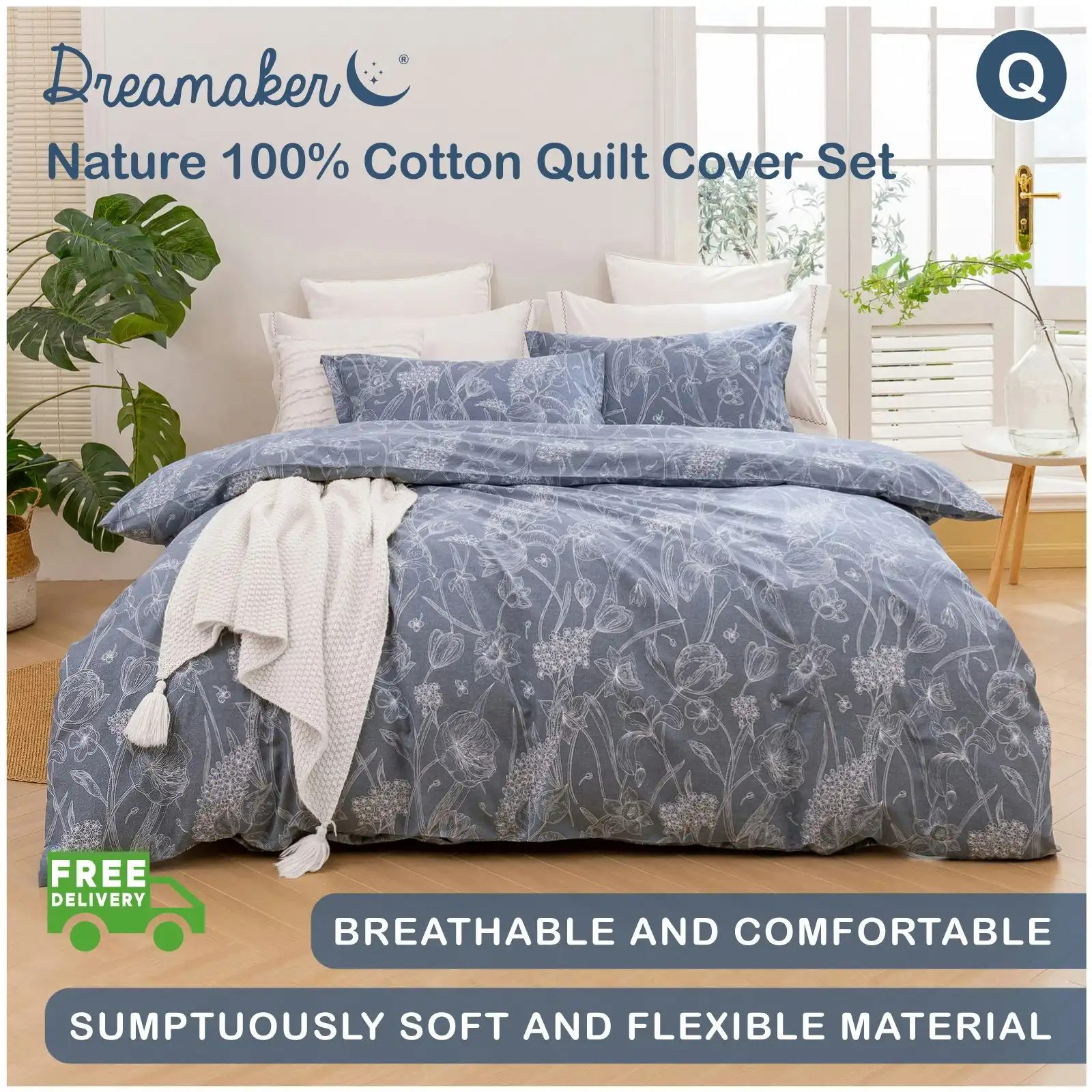 Dreamaker Nature 100% Cotton Quilt Cover Set Grey Queen Bed