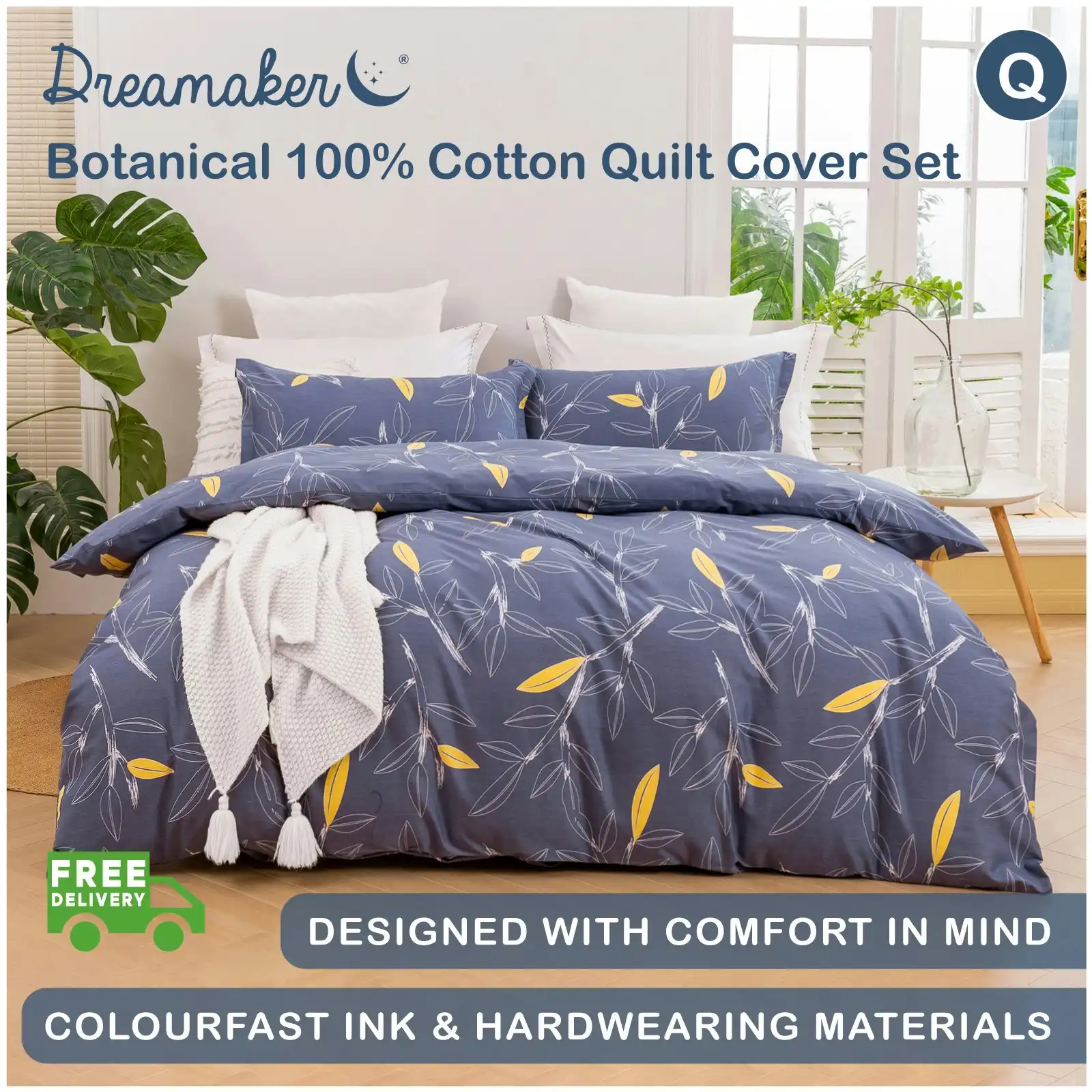 Dreamaker Botanical 100% Cotton Quilt Cover Set Grey Queen Bed