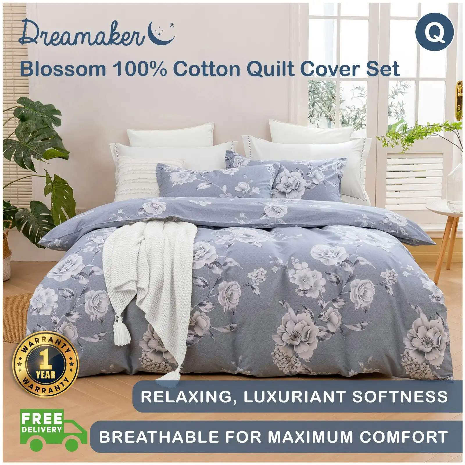 Dreamaker Blossom 100% Cotton Quilt Cover Set Silver Queen Bed