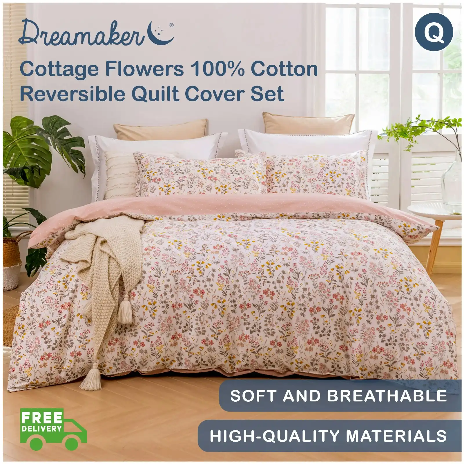 Dreamaker Cottage Flowers 100% Cotton Reversible Quilt Cover Set Pink Queen Bed