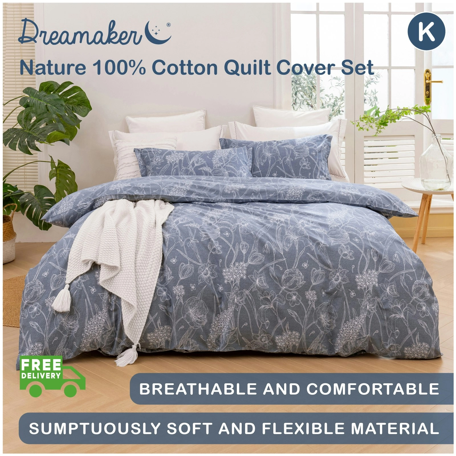 Dreamaker Nature 100% Cotton Quilt Cover Set Grey King Bed