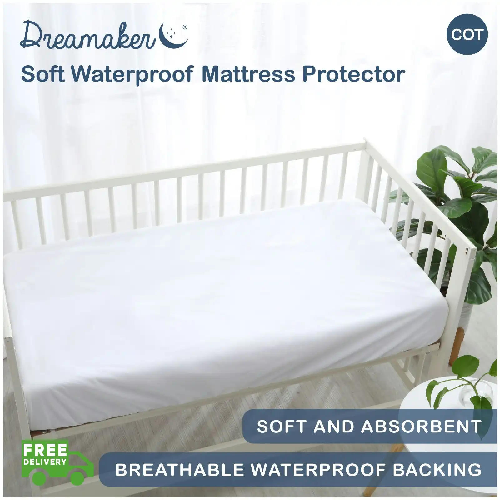 Dreamaker Soft Waterproof Cot Mattress Protector White Boori Fitted Sheet