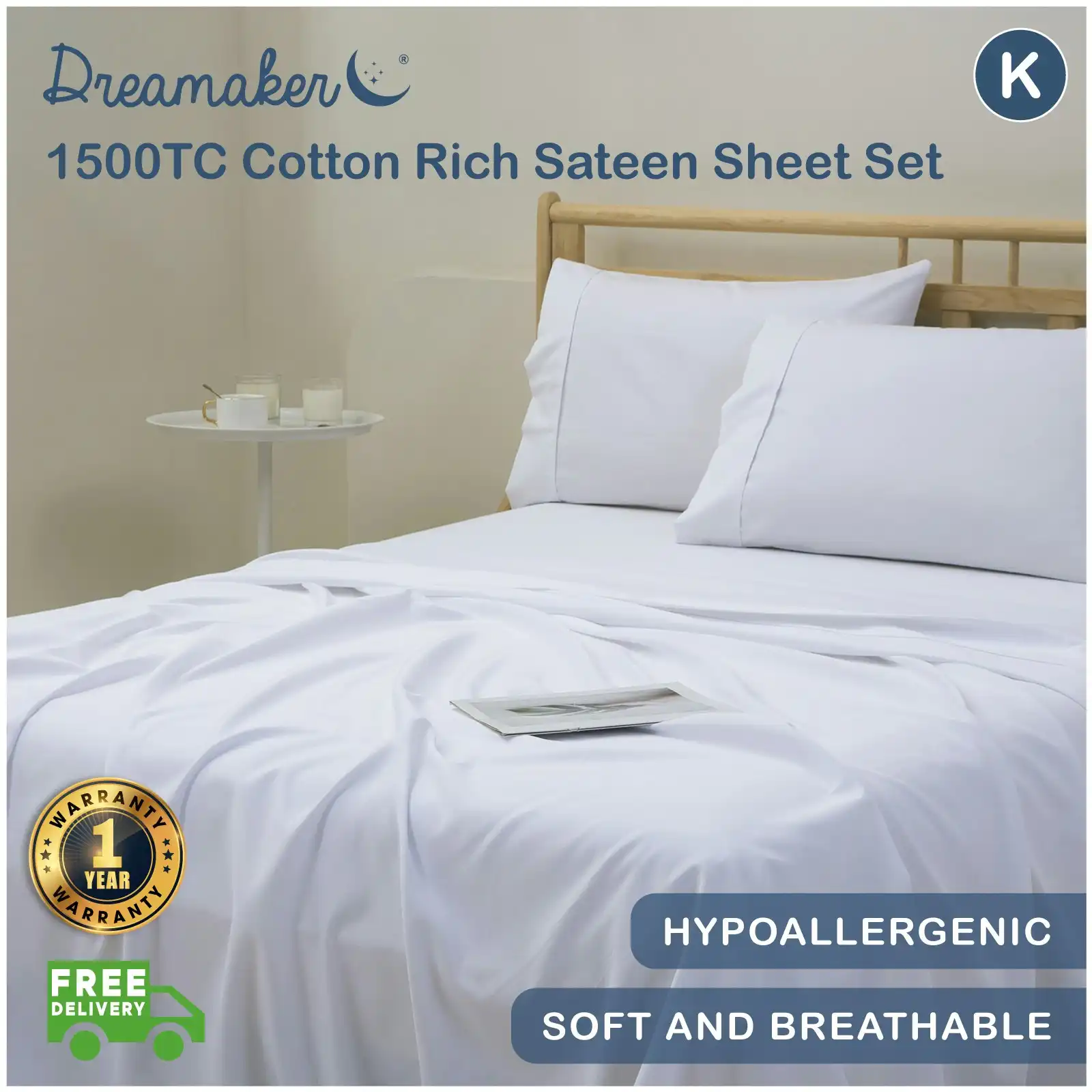 Dreamaker 1500TC Cotton Rich Sateen Sheet Set White King Bed