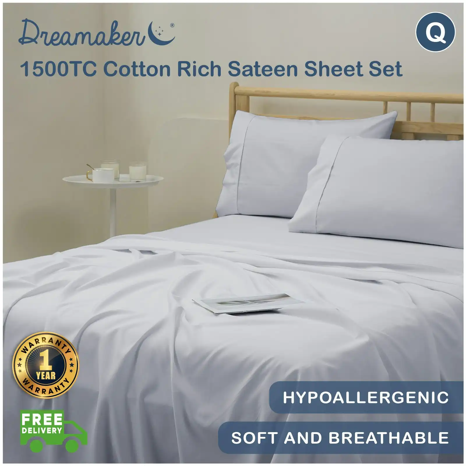 Dreamaker 1500TC Cotton Rich Sateen Sheet Set Dove Grey Queen Bed