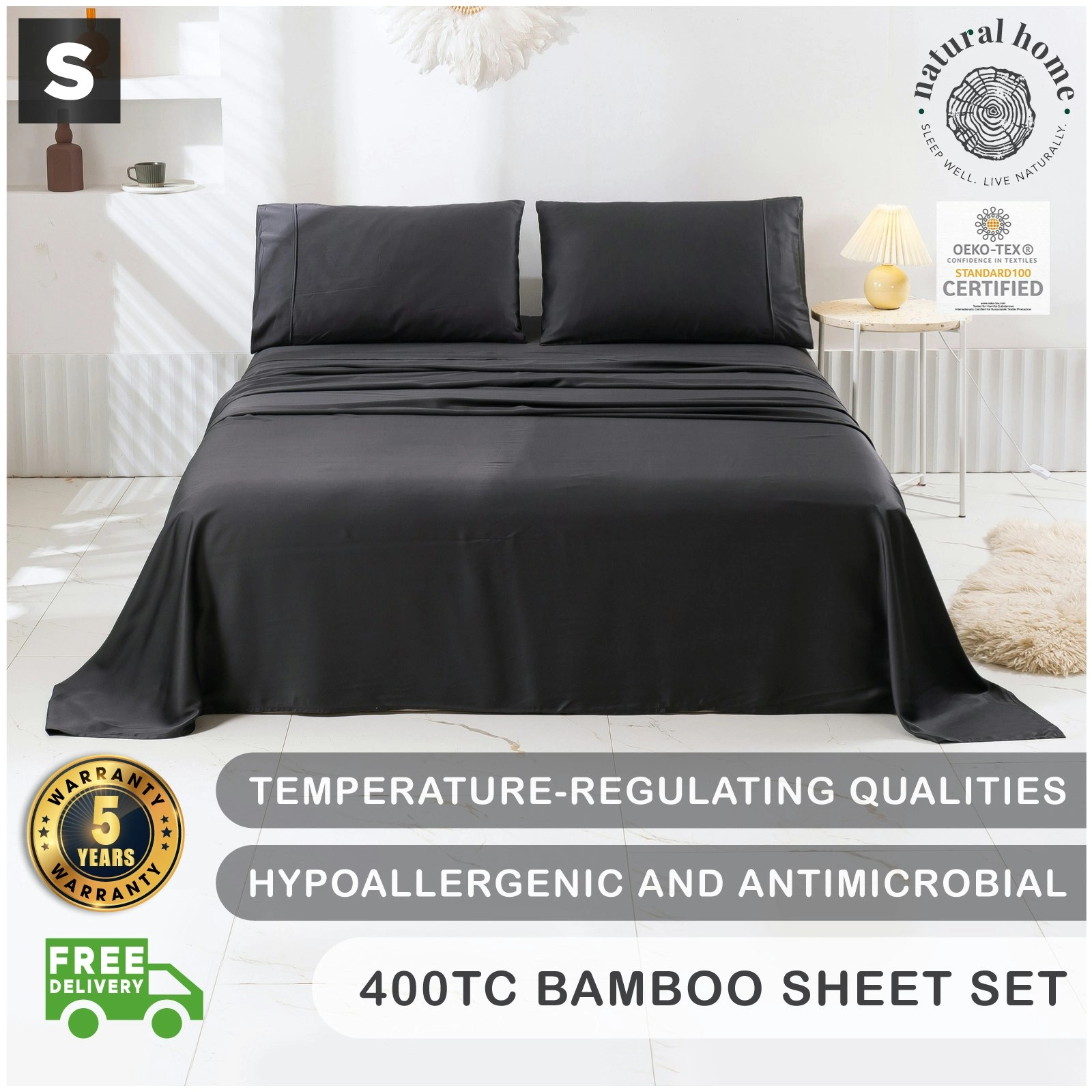 7007288 Natural Home Bamboo Sheet Set SB CHARCOAL