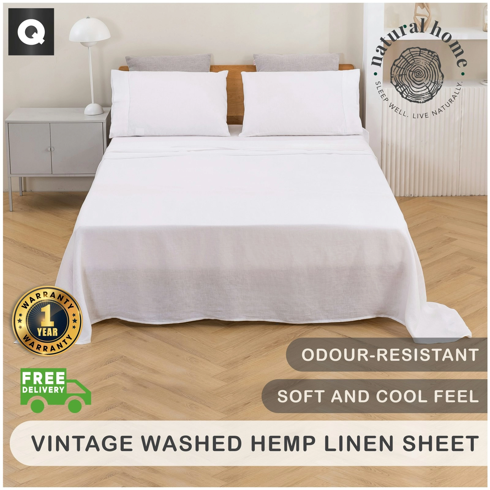 Natural Home Vintage Washed Hemp Linen Sheet Set White Queen Bed