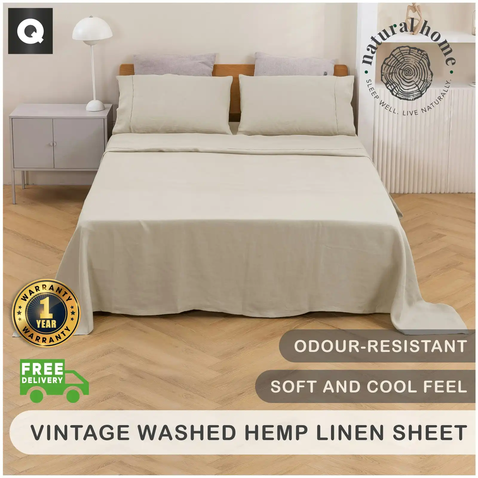 Natural Home Vintage Washed Hemp Linen Sheet Set Oatmeal Queen Bed