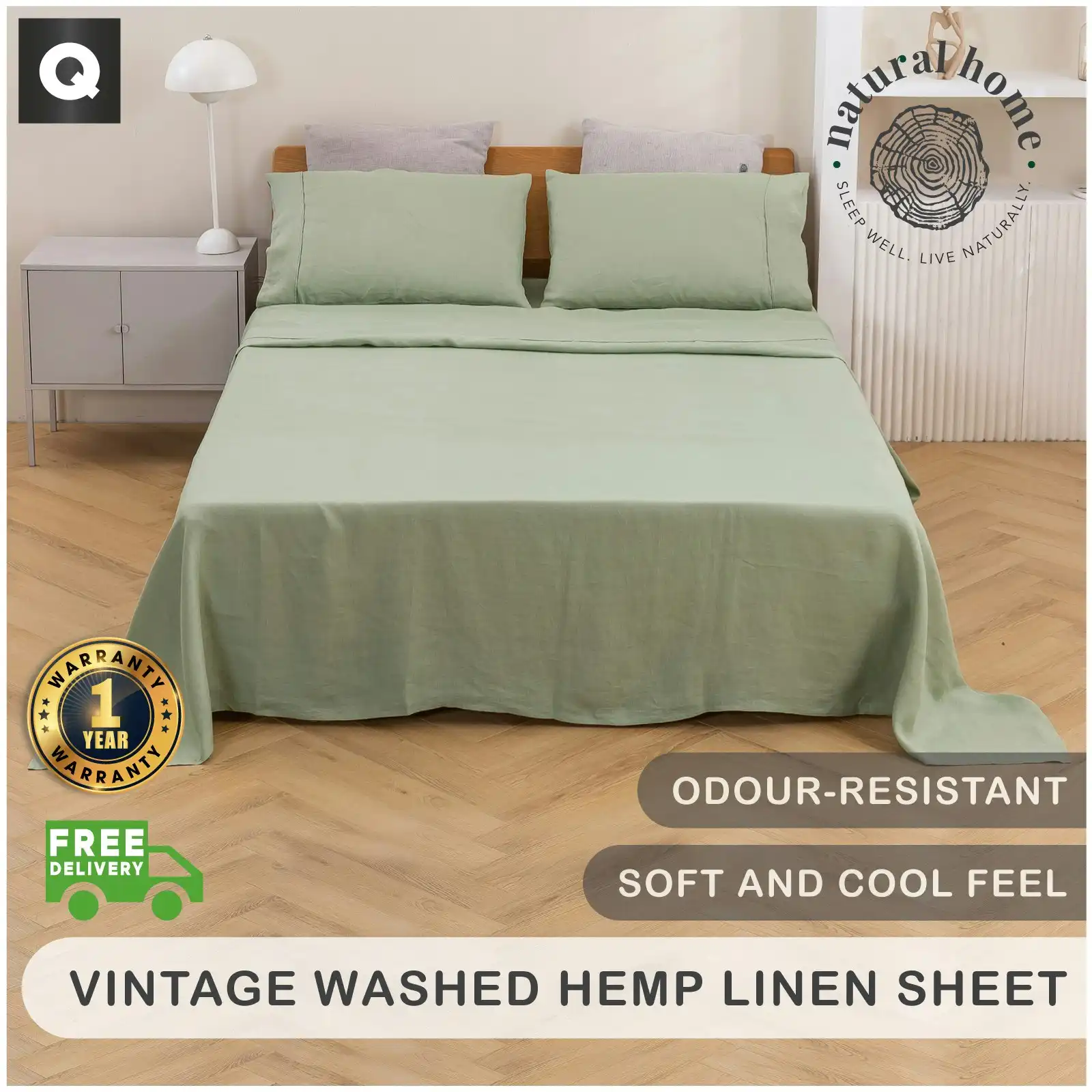 Natural Home Vintage Washed Hemp Linen Sheet Set Sage Queen Bed