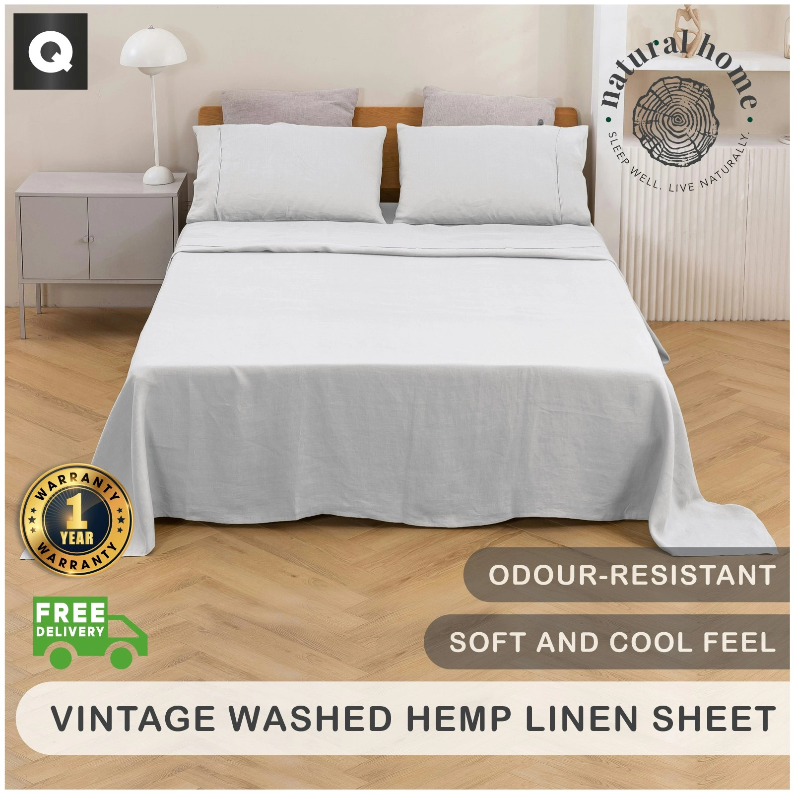 Natural Home Vintage Washed Hemp Linen Sheet Set Dove Grey Queen Bed