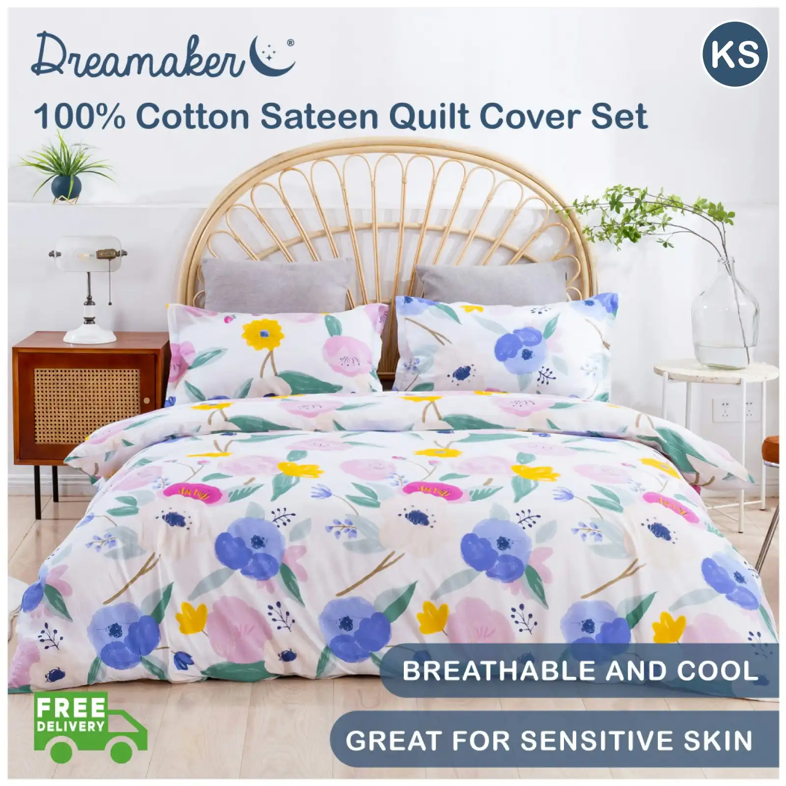 Dreamaker Printed Quilt Cover Set Lily in Purple King Single Bed