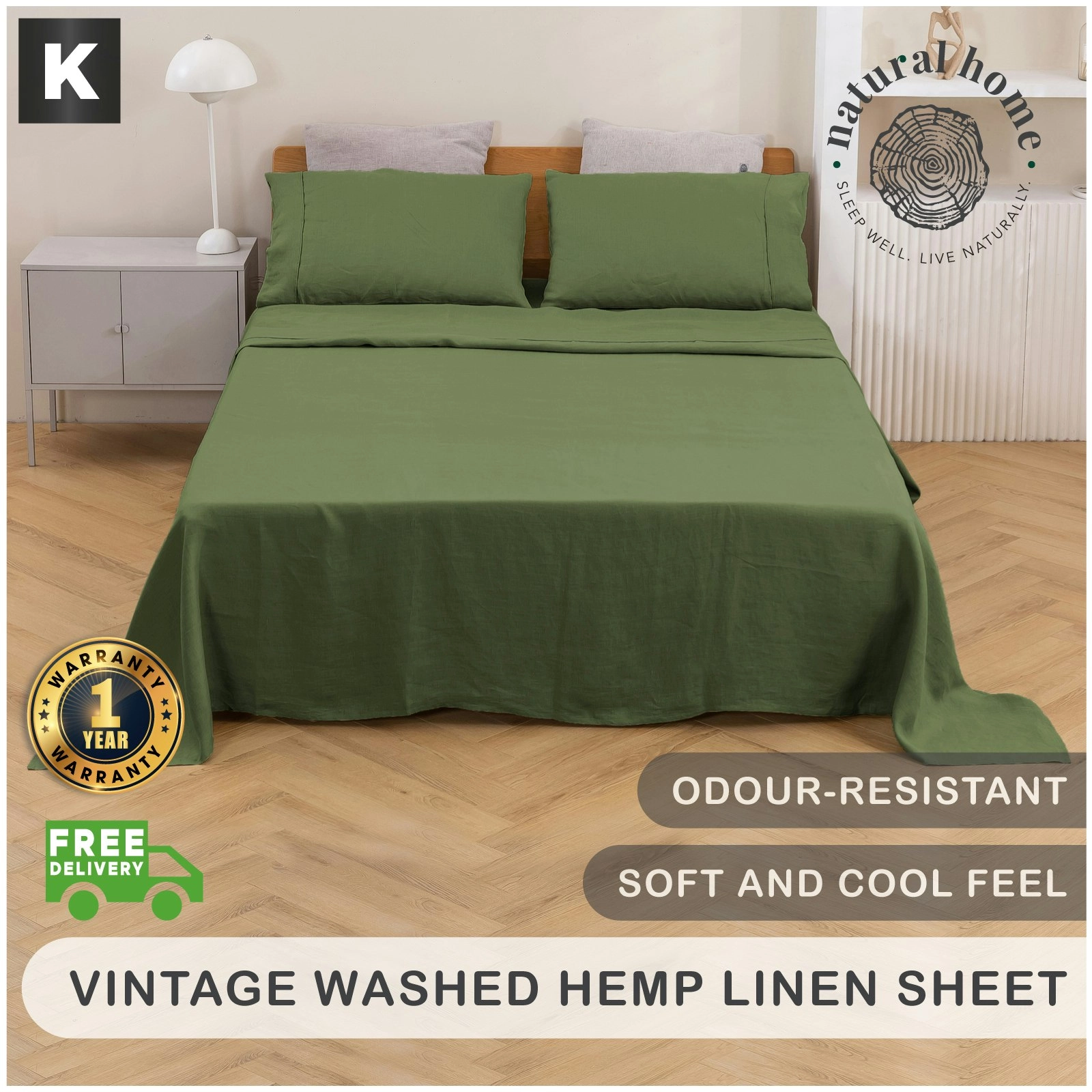 Natural Home Vintage Washed Hemp Linen Sheet Set Olive King Bed