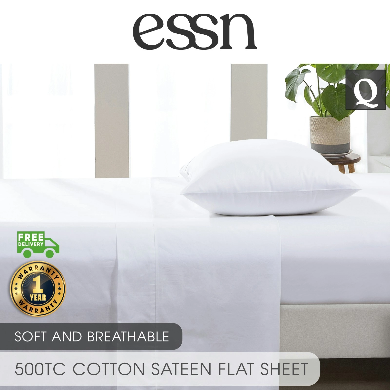 ESSN 500TC Cotton Sateen Flat Sheet White Queen Bed