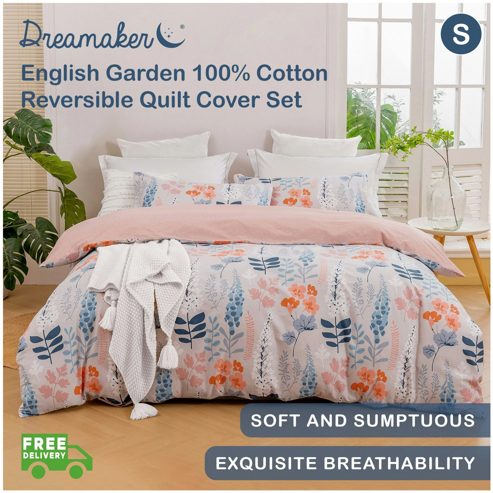 Dreamaker English Garden 100% Cotton Reversible Quilt Cover Set Pink Single Bed