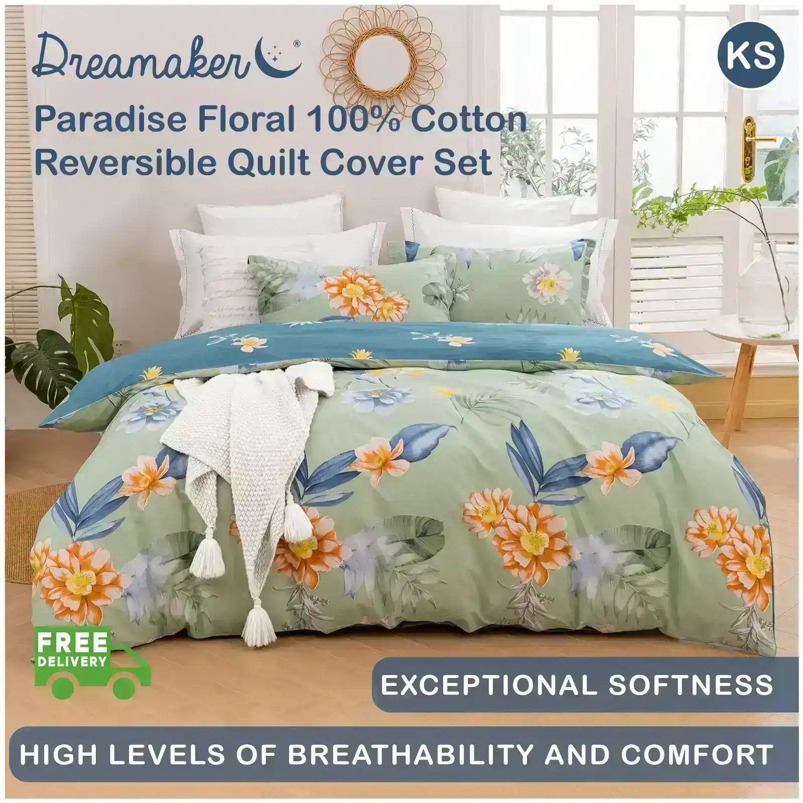 Dreamaker Paradise Floral 100% Cotton Reversible Quilt Cover Set Mint King Single Bed