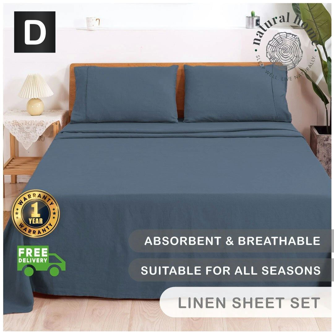 Natural Home 100% European Flax Linen Sheet Set Washed Blue Double Bed