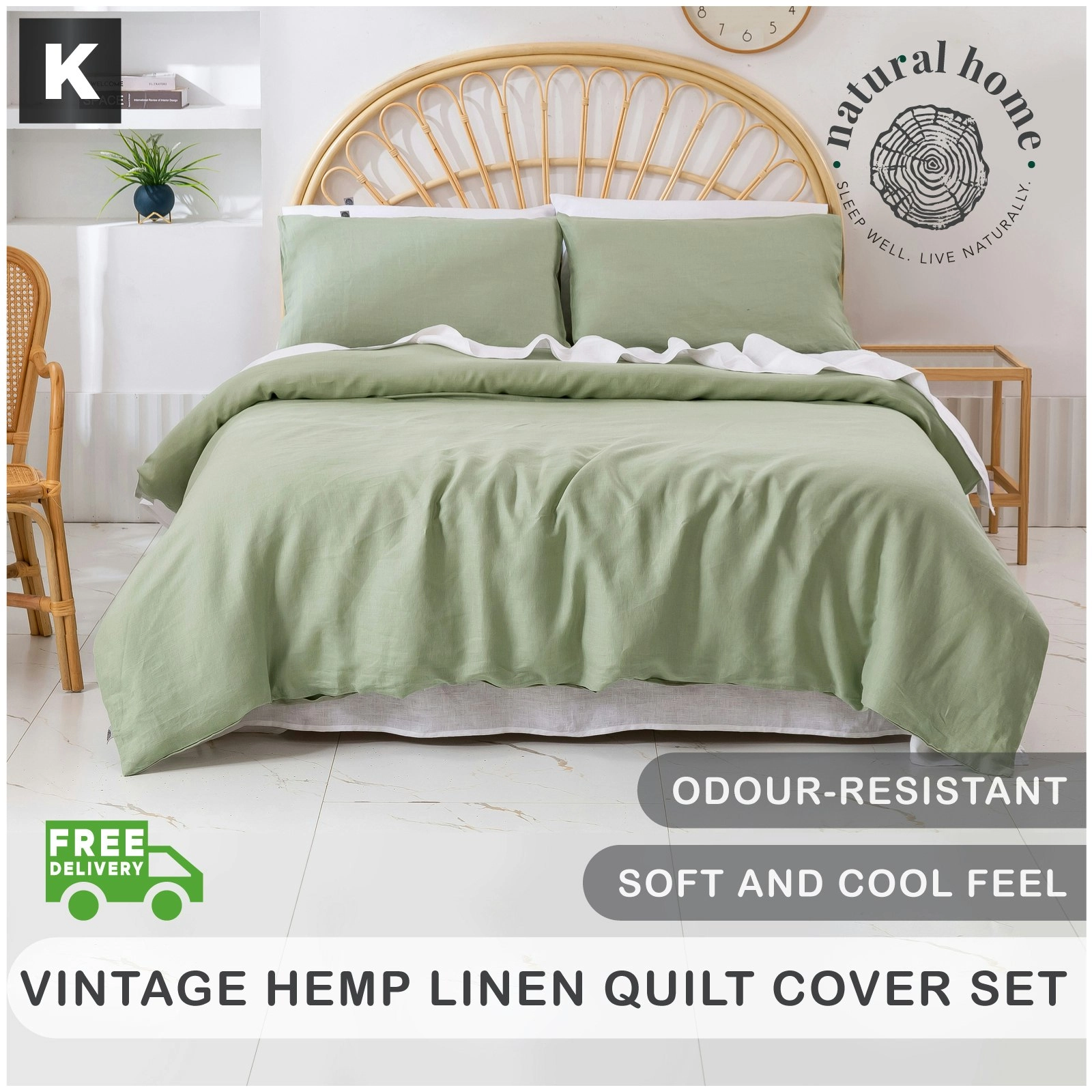 Natural Home Vintage Washed Hemp Linen Quilt Cover Set Sage King Bed