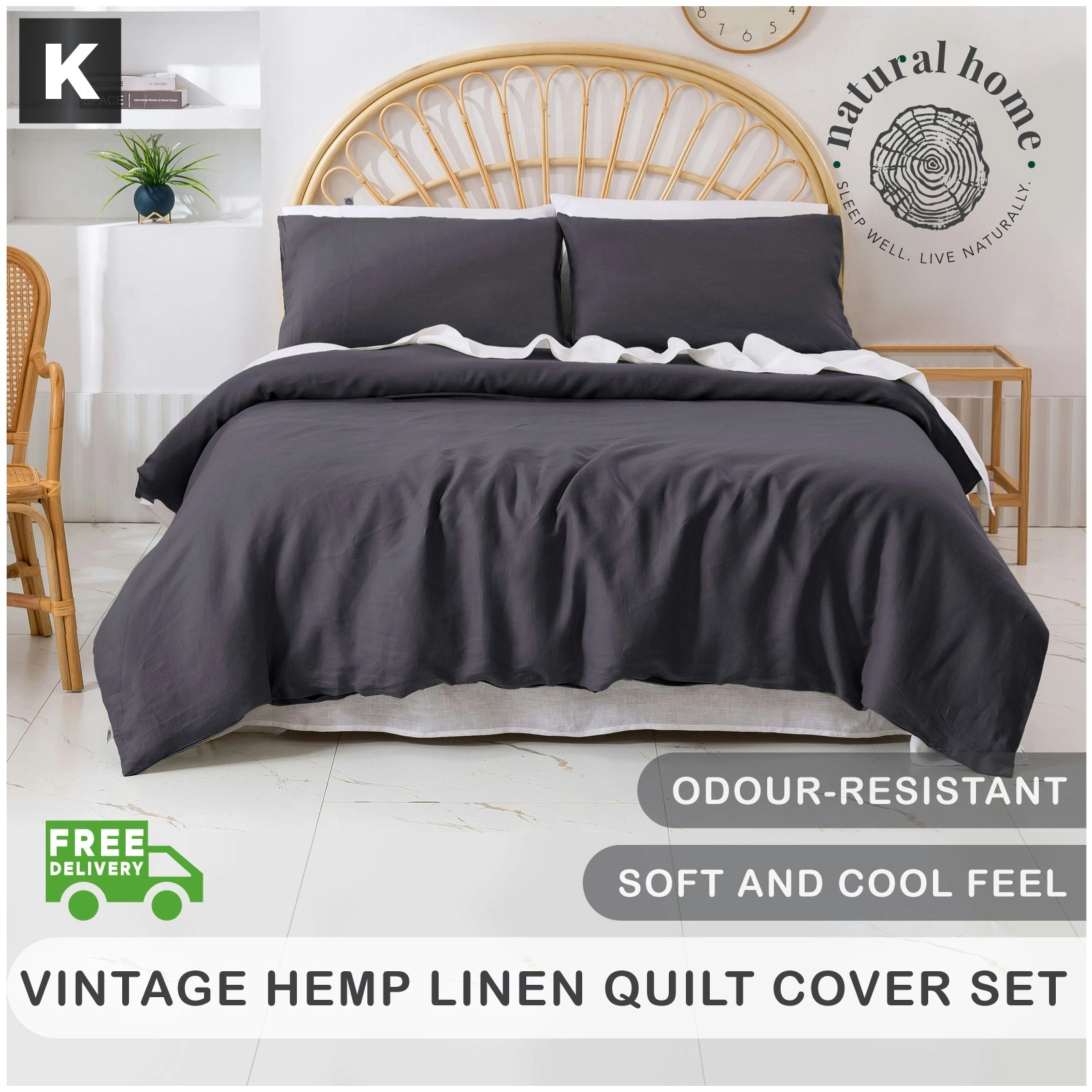 Natural Home Vintage Washed Hemp Linen Quilt Cover Set Charcoal King Bed