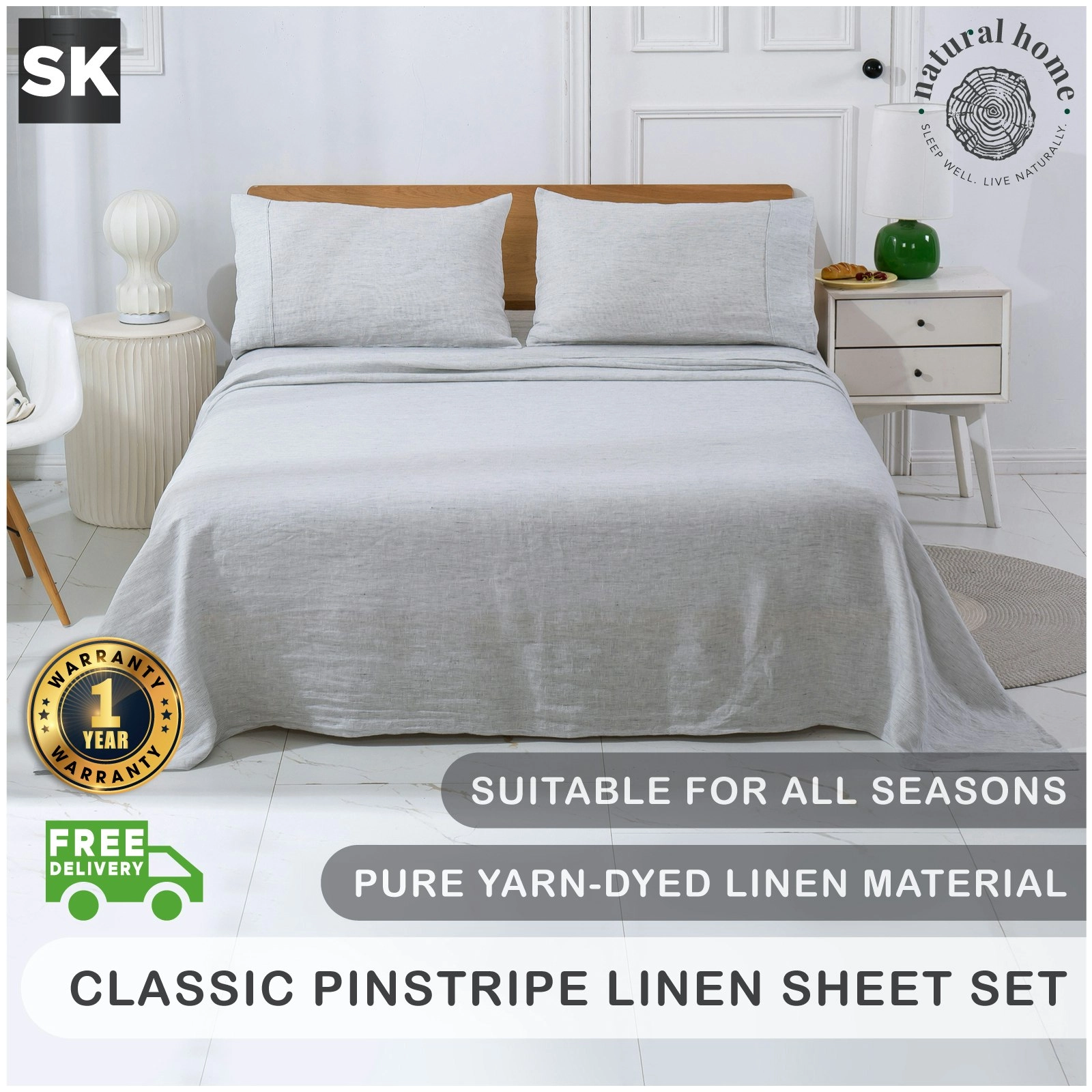 Natural Home Classic Pinstripe Linen Sheet Set White with Dark Pinstripe Super King Bed