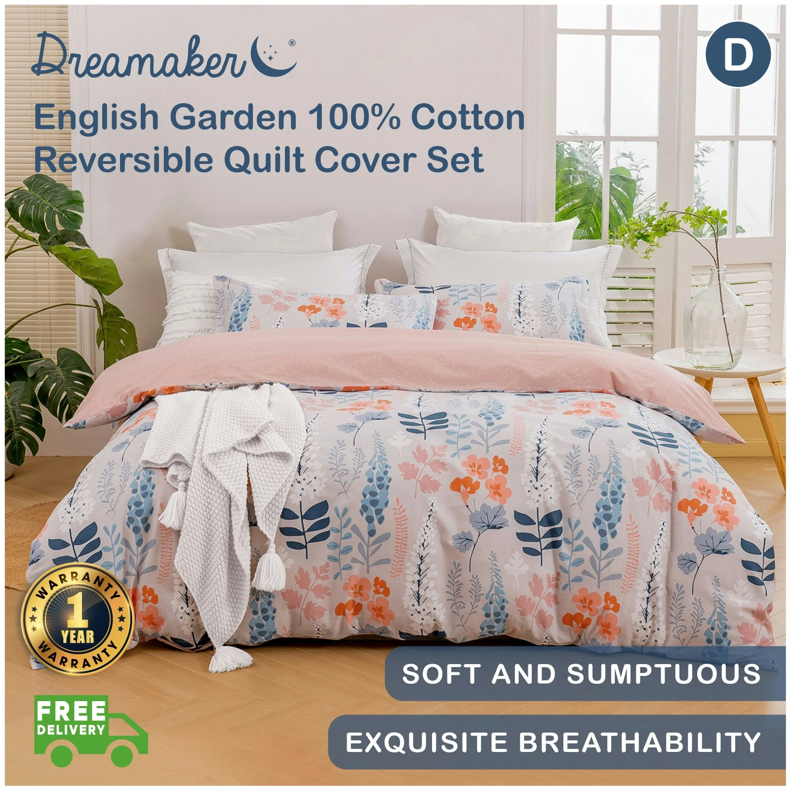 Dreamaker English Garden 100% Cotton Reversible Quilt Cover Set Pink Double Bed