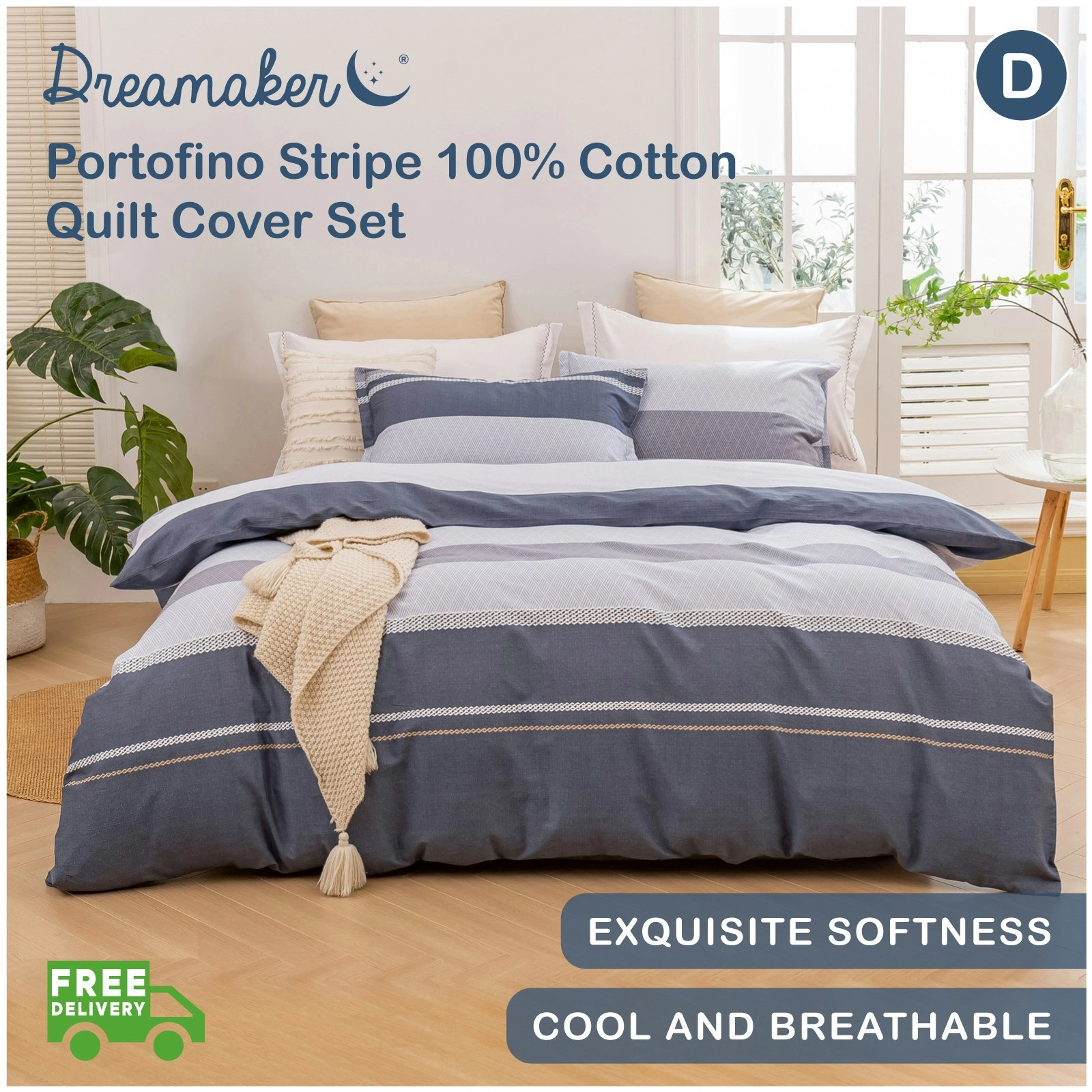 Dreamaker Portofino Stripe 100% Cotton Quilt Cover Set Blue Double Bed