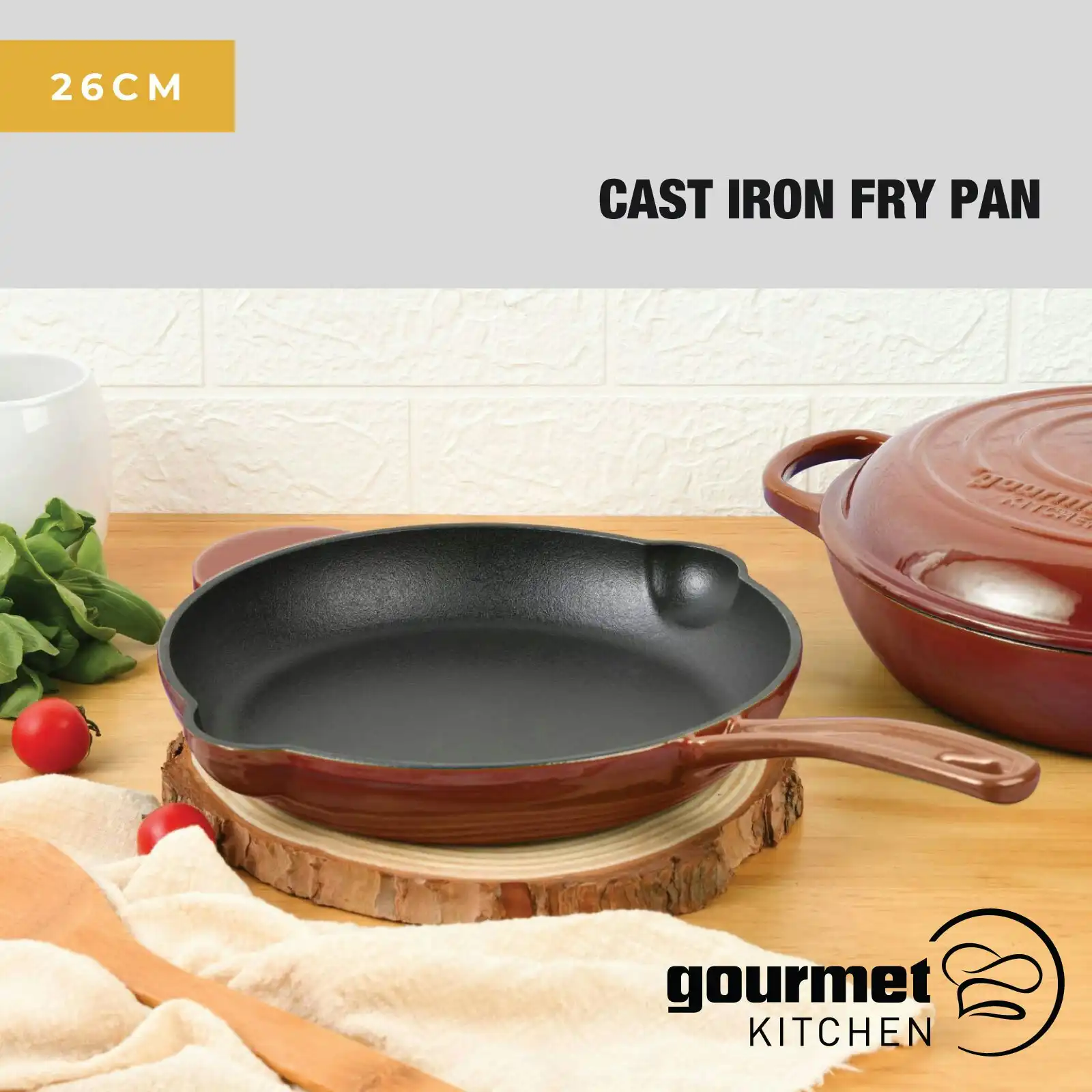 Gourmet Kitchen Cast Iron Fry Pan 26cm Black Cherry Red