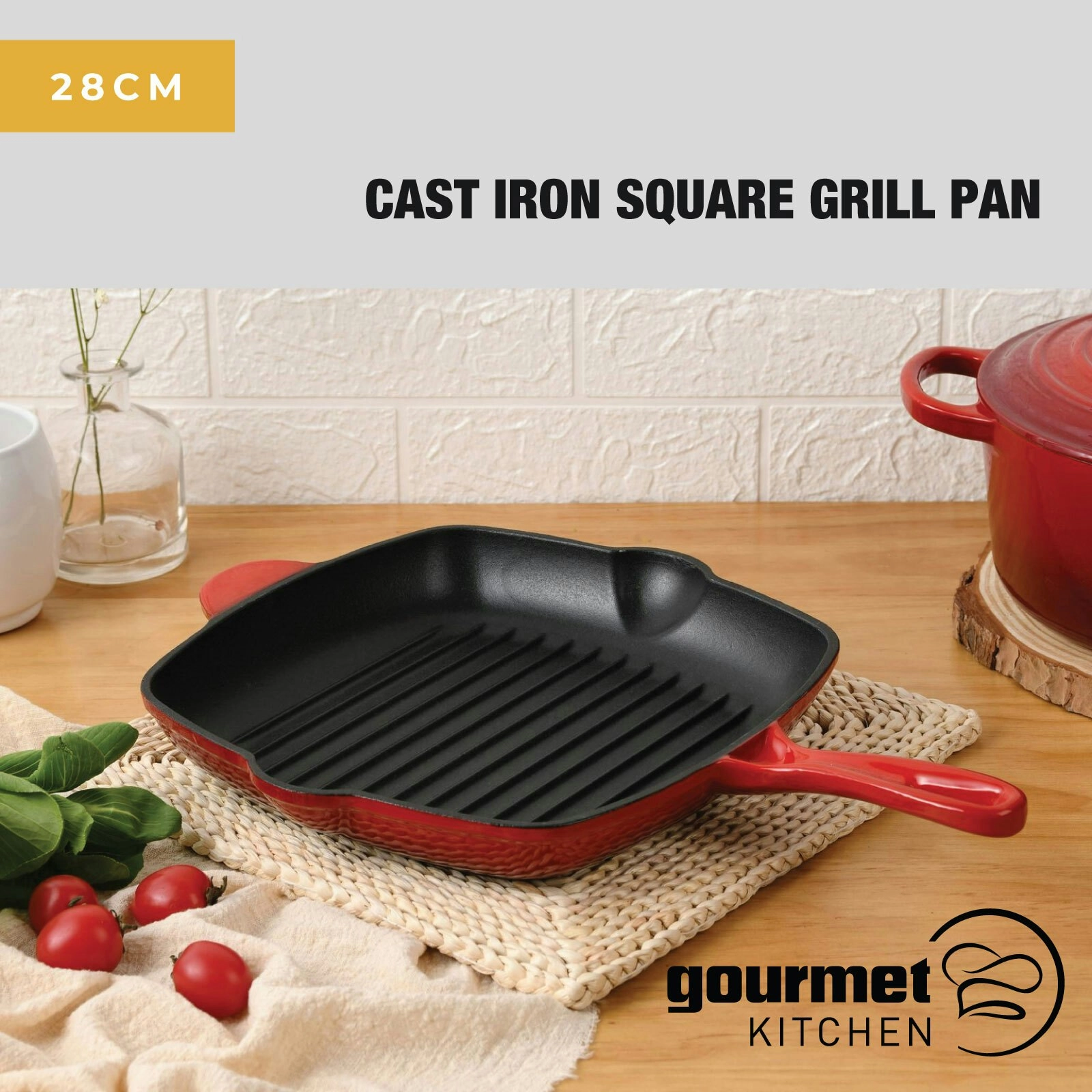 Gourmet Kitchen Cast Iron Square Grill Pan 28cm Black Cherry Red