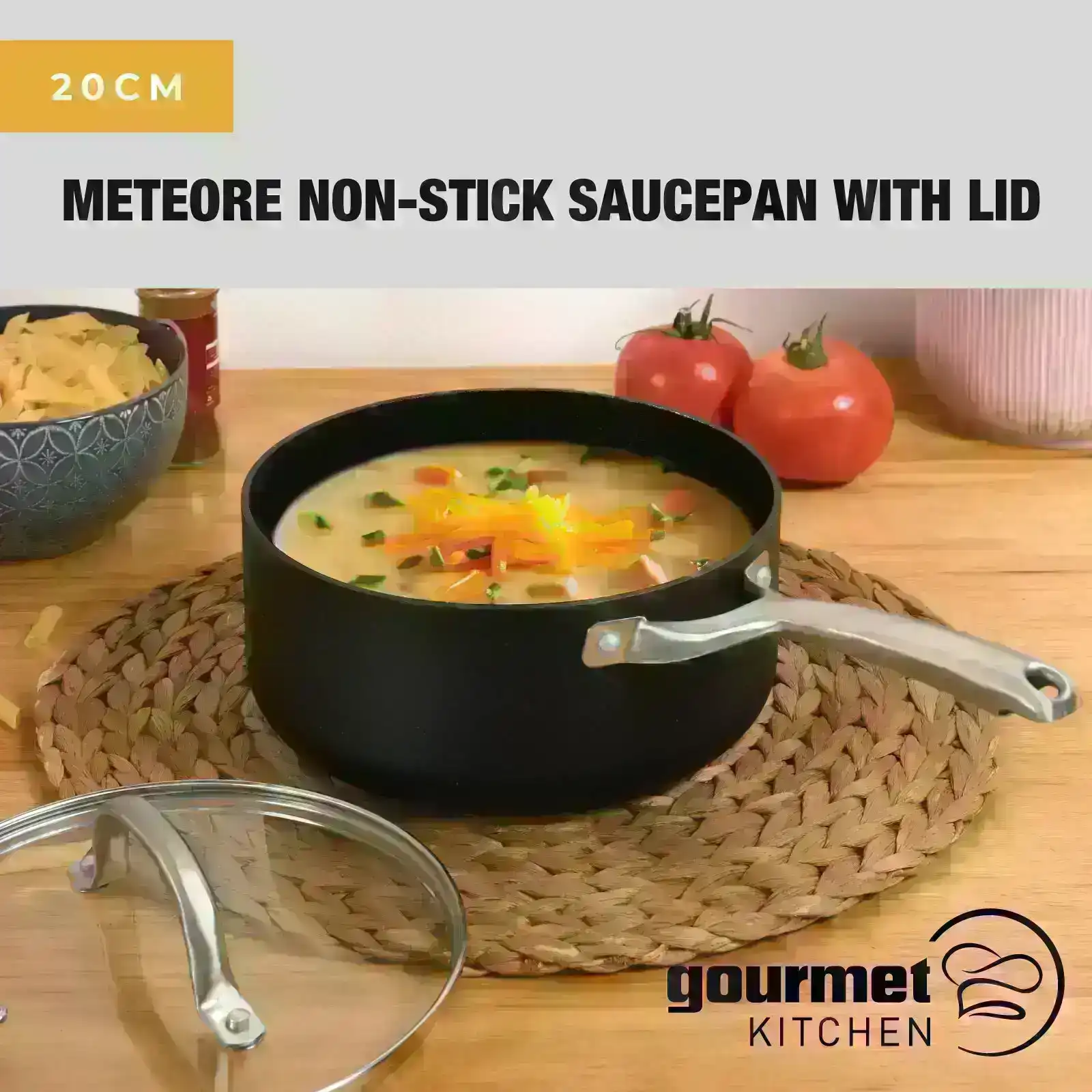 Meteore Non-Stick Deep Frypan with Flat Lid and Helper 30cm