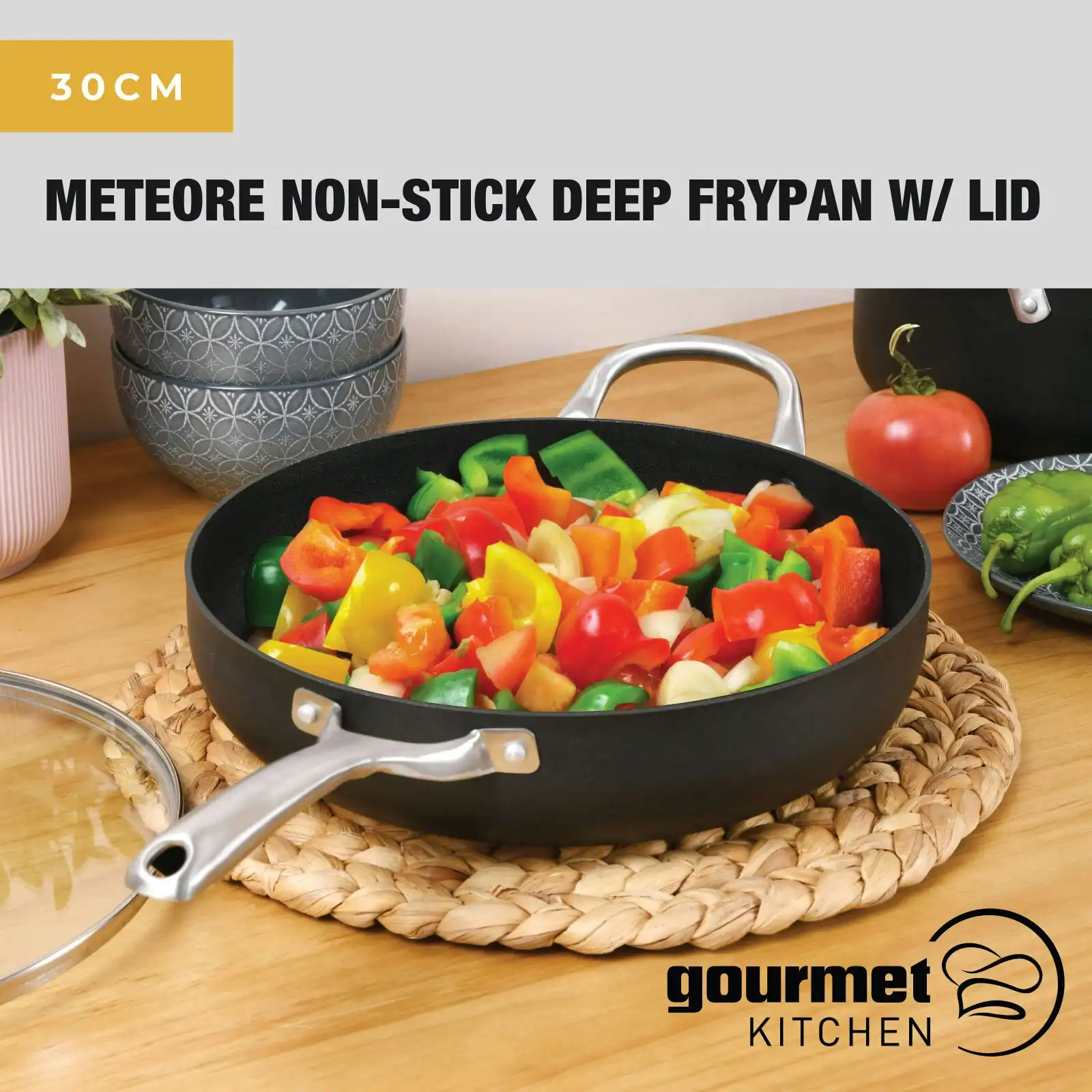 Gourmet Kitchen Meteore Non-Stick Deep Frypan with Flat Lid and Helper 30cm